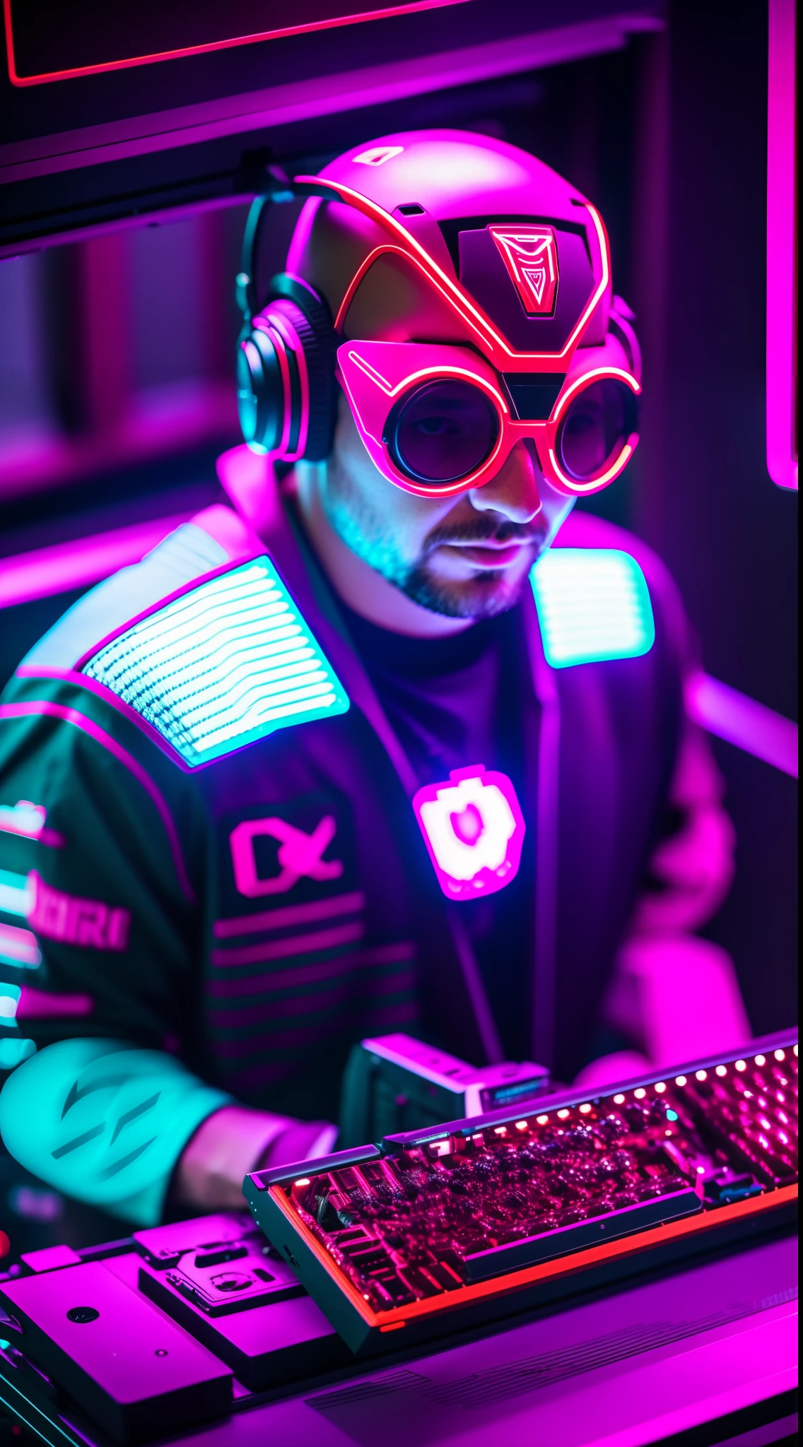 40 year old bald man sitting, computers around, (a huge owl bird on his shoulder), red owl, cyberpunk style, image angle from above, dramatic light, neon blue light with pink, vibrant colors, high quality, high definition, 16k, uhd, severe low lighting, high quality, sharp focus, fujifilm XT3, Fine composition, super detailed, best quality.