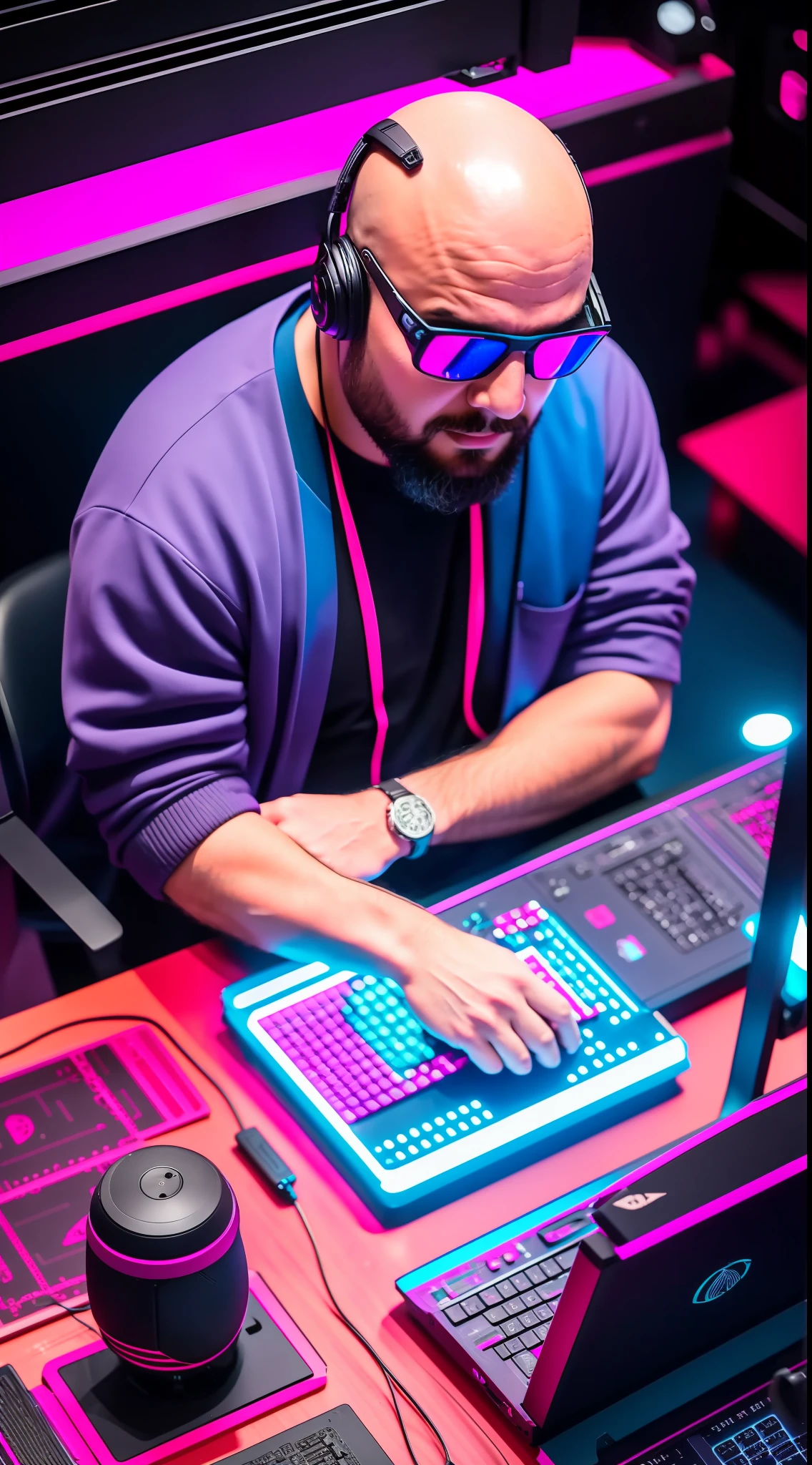 40 year old bald man sitting, computers around, (a huge owl bird on his shoulder), red owl, cyberpunk style, image angle from above, dramatic light, neon blue light with pink, vibrant colors, high quality, high definition, 16k, uhd, severe low lighting, high quality, sharp focus, fujifilm XT3, Fine composition, super detailed, best quality.
