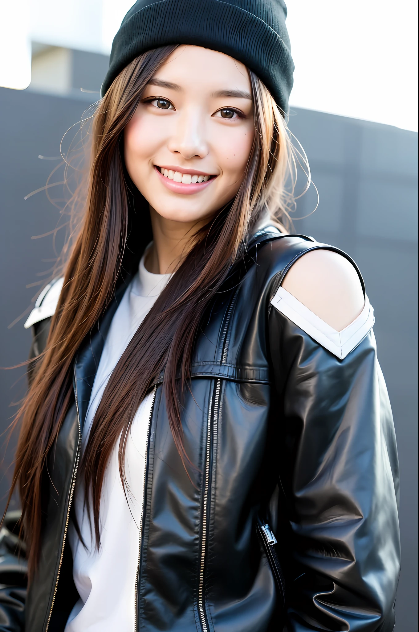 Super Smile, ((8k:1.27), Best Quality, Masterpiece, Ultra High Definition: 1.2) Cute Japan Woman Pictures (Beautiful: 1.1) (Sci-Fi Warrior Woman: 1.1) Space Soldier, (Beanie: 1.61) (Leather Jacket: 1.21) Intricate and Elegant, Fantasy, Detail, Geometric Patterns by Gregg Rutkowski and Alphonse Mucha, Gradient Lighting