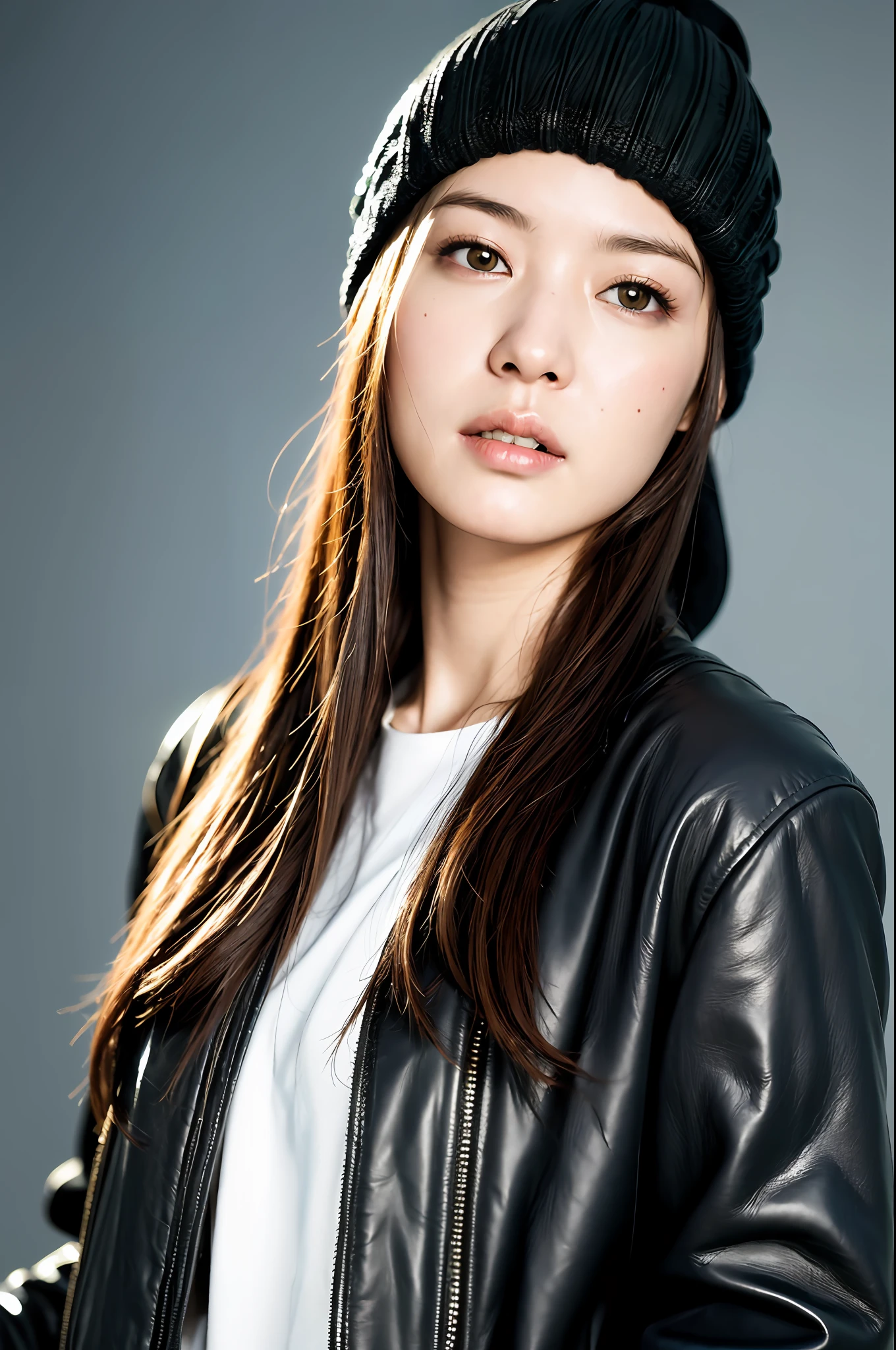 (
(8k:1.27), best quality, masterpiece, ultra highres:1.2) Photo of Pretty Japanese woman
(beautiful:1.1) (sci-fi warrior woman:1.1) space soldier, (beanie:1.61) (leather jacket:1.21) intricate elegant, fantasy, detailed, ometric by greg rutkowski and alphonse mucha, gradient lighting