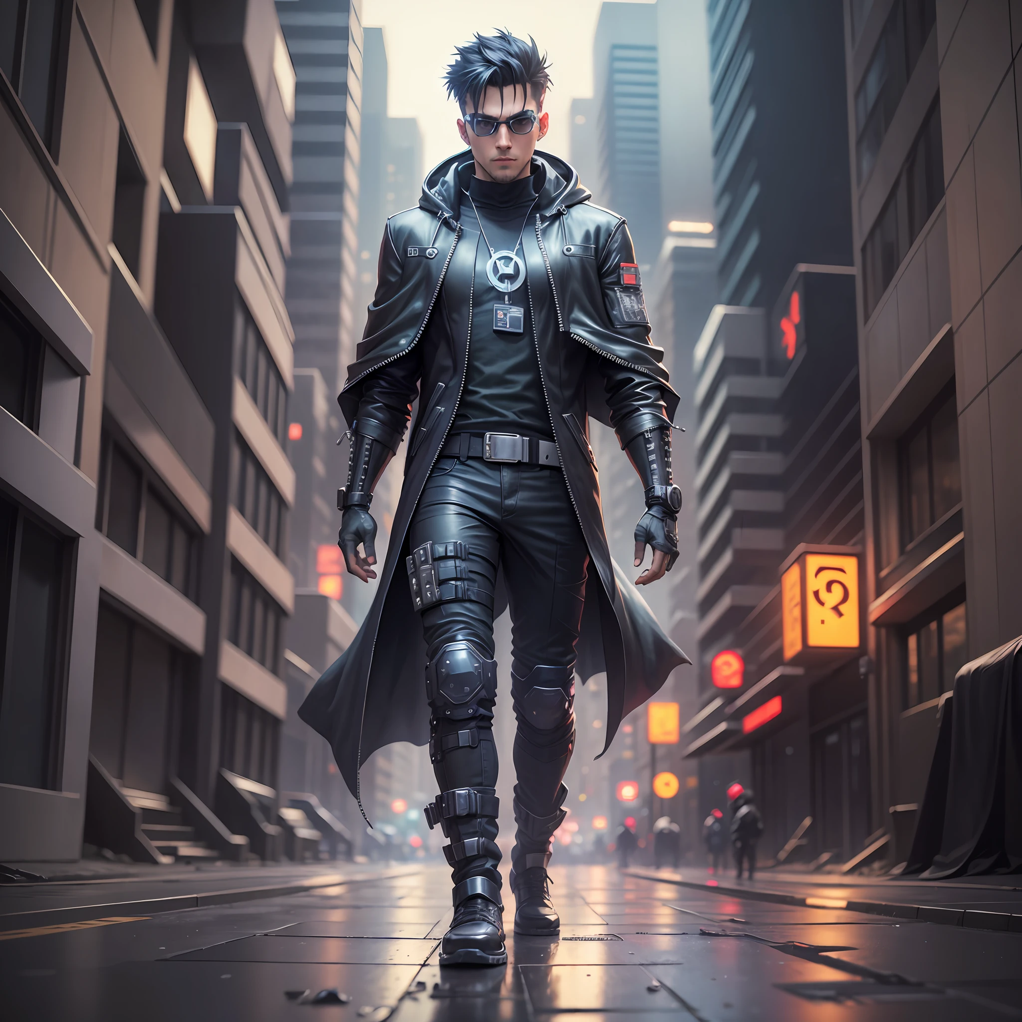 hacker man, cyberpunk style, wearing a black cape, walking in a cyberpunk city, movie quality, 4k --auto --s2