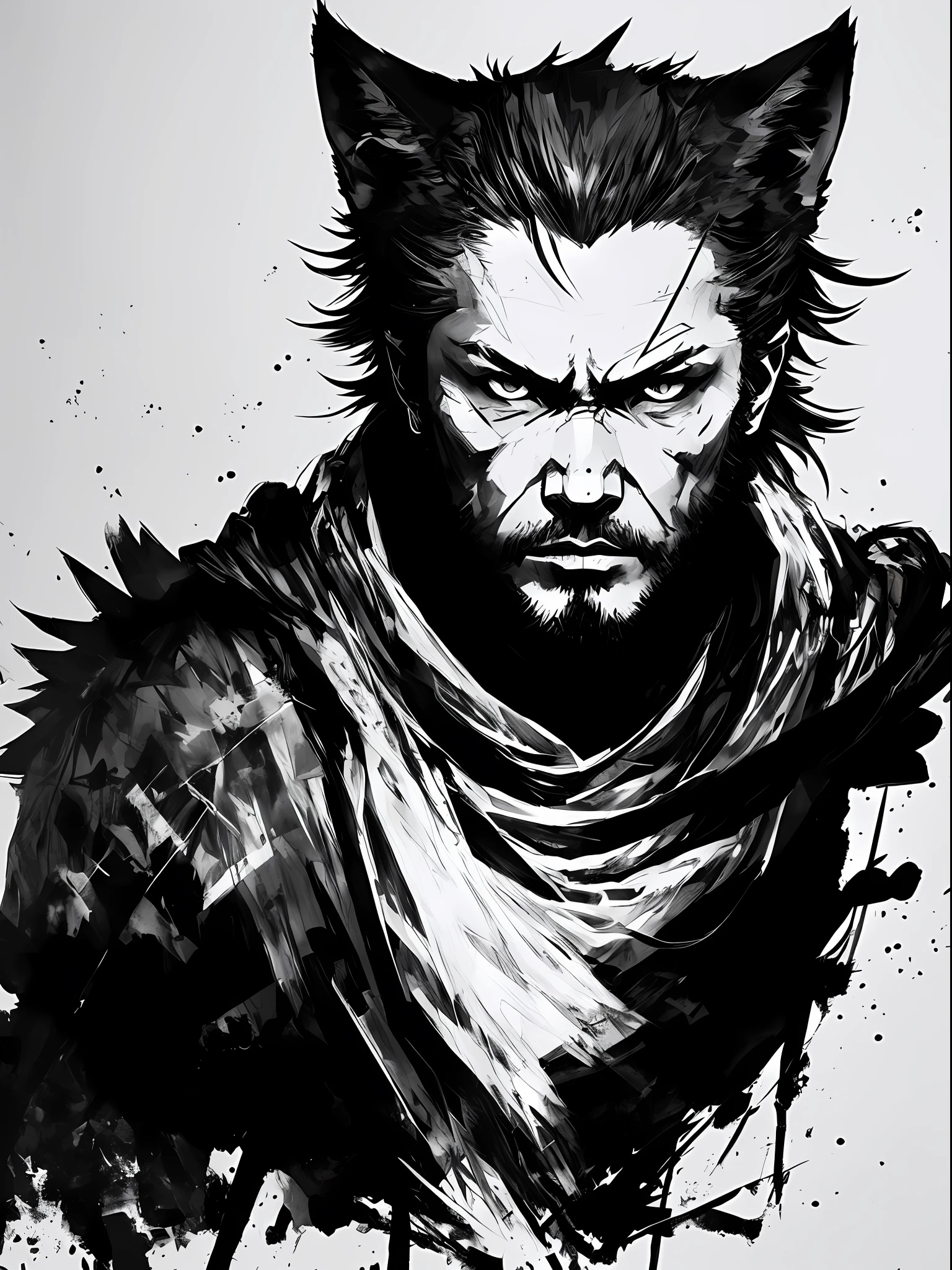 Wolf, style of Yoji Shinkawa, black and white, print, super detailed