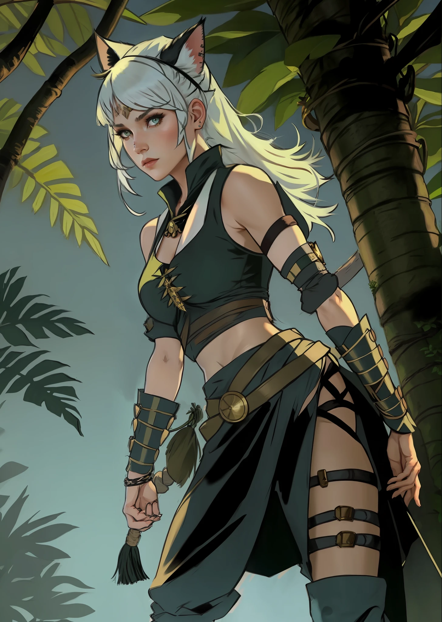 A white-haired woman with cat eyes and ear character for an RPG dressed as a jungle warrior savage
