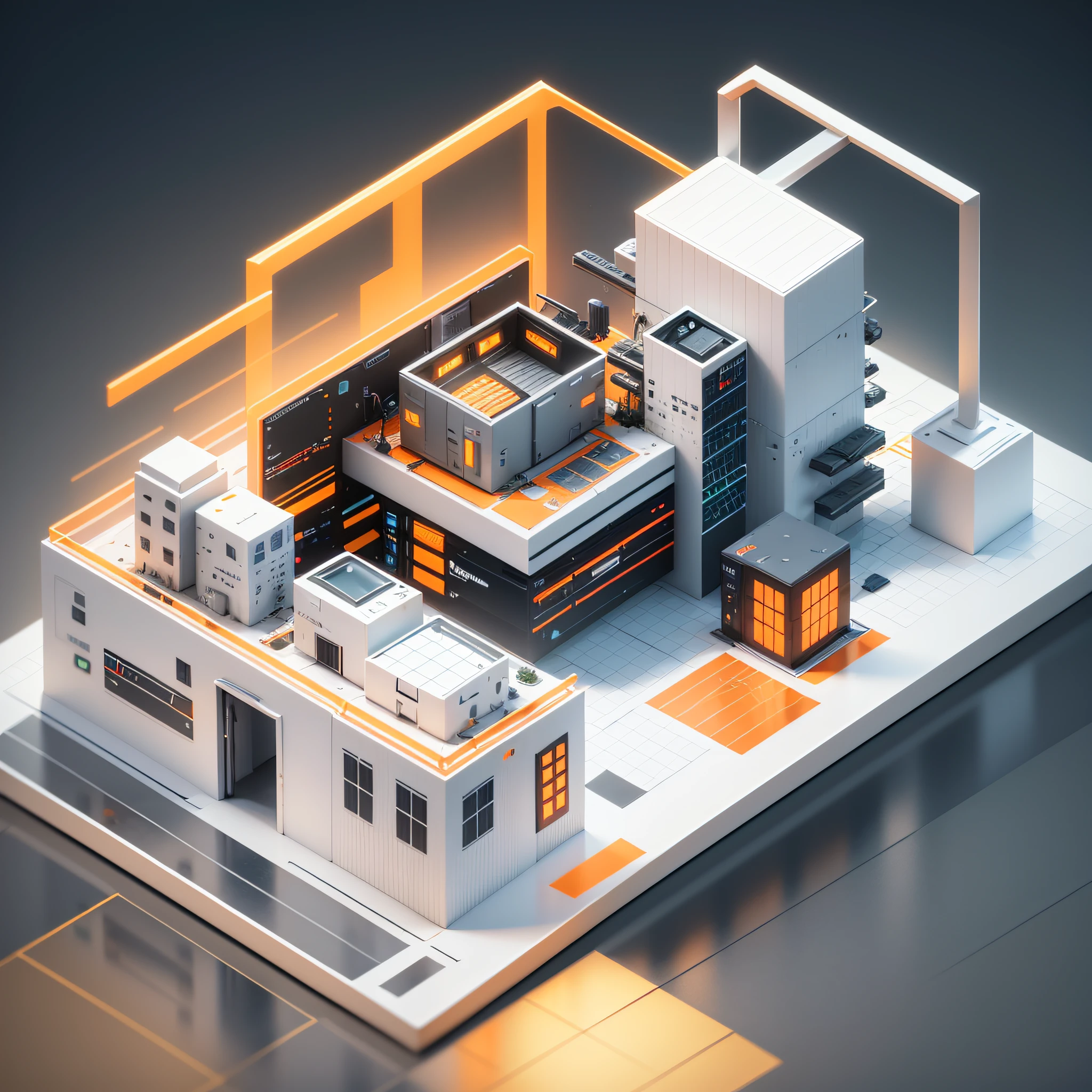 B2B 3D scene, operations center icon, white orange, frosted glass, transparent tech, industrial design, isometric view, light gray background, simple linear detail, studio lighting, 3d, c4d, blender, OCrenderer, pinterest, dribbble, high detail, 8k --auto --s2
