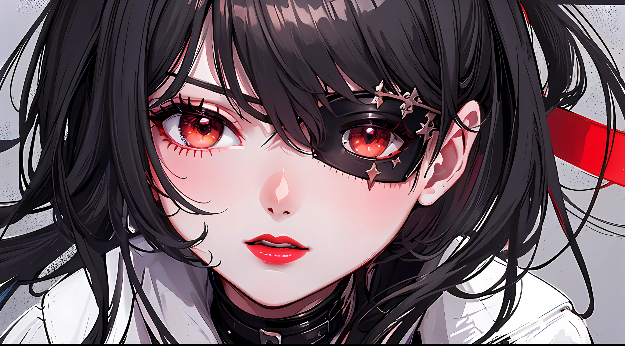 ((1boy)), ((black eye patch for right eye))solo, man, man, boy, spy, 90s, coat, detective, (noir), drama, atmosphere, (red lips), (dark colors), (black and white colors), (monochrome), close-up, best quality, most detailed images, focus on 1boy, goddess, detail, masterpiece, best quality, best quality, formal art, beautiful and aesthetic: 1.2), Highly detailed eyes, (Fractal Art: 1.3), colorful, highest level of detail, (perfect face), shiny skin HDR)