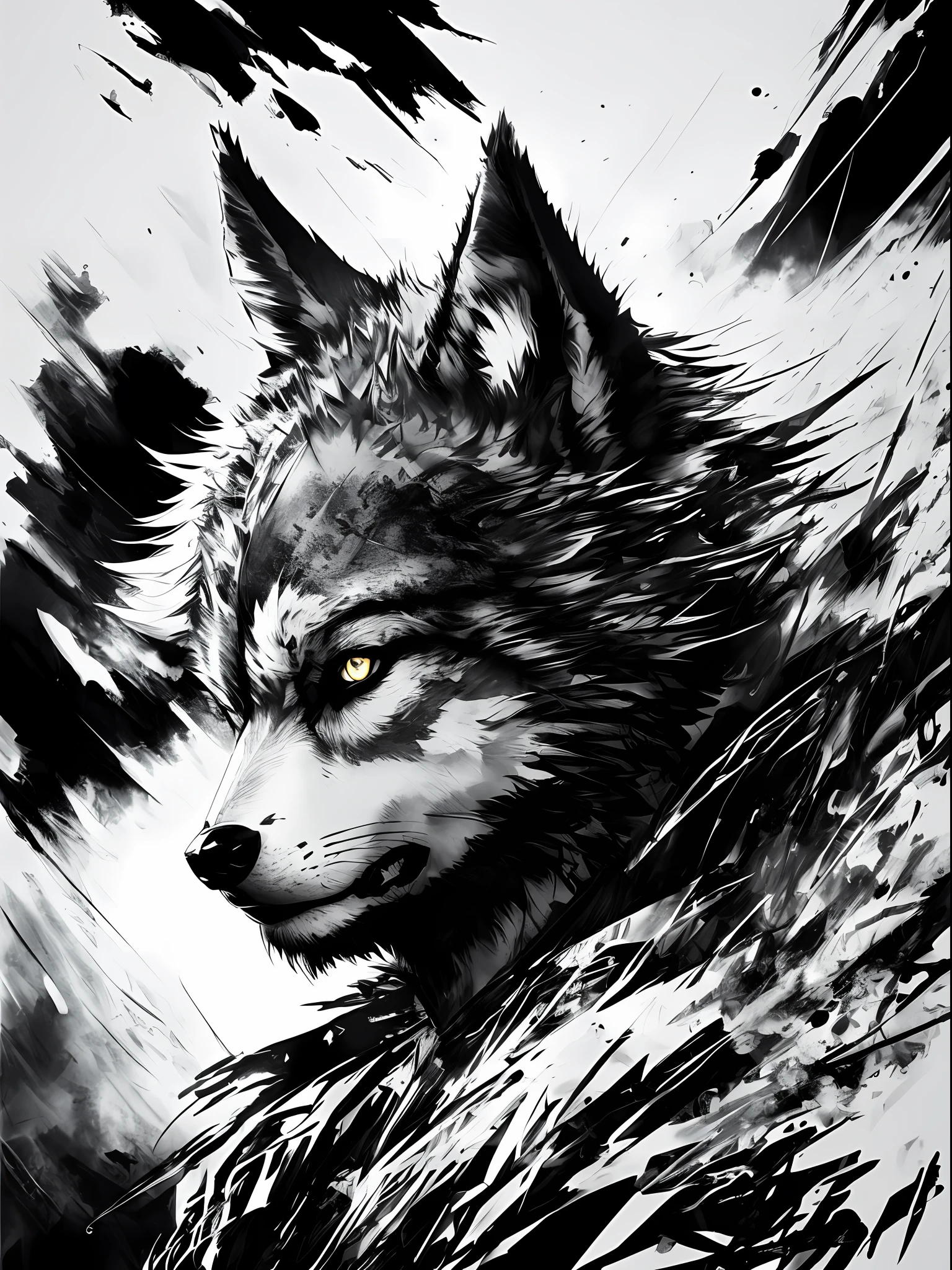 Wolf, style of Yoji Shinkawa, black and white, print, super detailed
