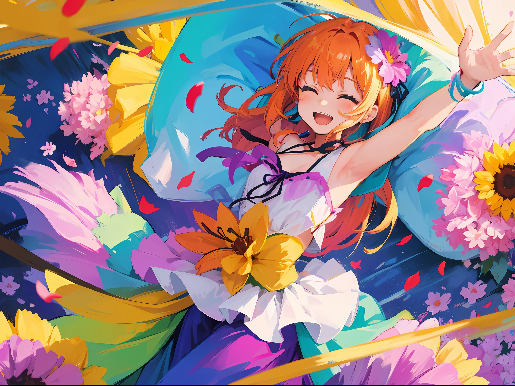 Colorful, Girl, flower, Stretch arm above, petals flower, happy, Joy, laughing