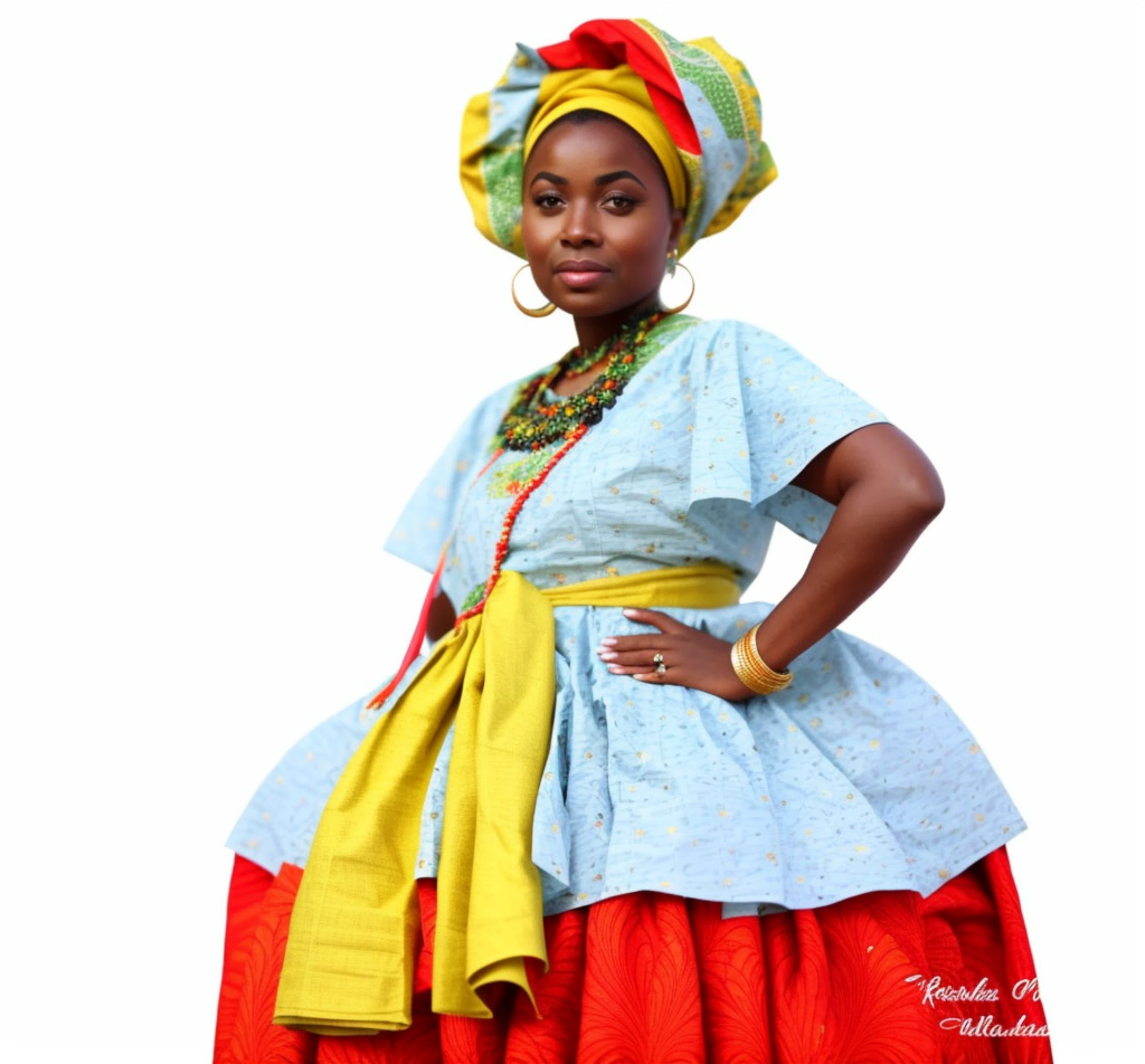 araffe woman in traditional african dress with a yellow, green and blue scarf traditional dress, traditional clothing, african woman, traditional clothes in green,white and yellow african queen, traditional costume, african princess, traditional beauty, wearing authentic costume, black african princess, stunning african princess, wearing an african dress, inspired by Ras Akyem, traditional, african, traditional makeup,  wearing an ornate outfit