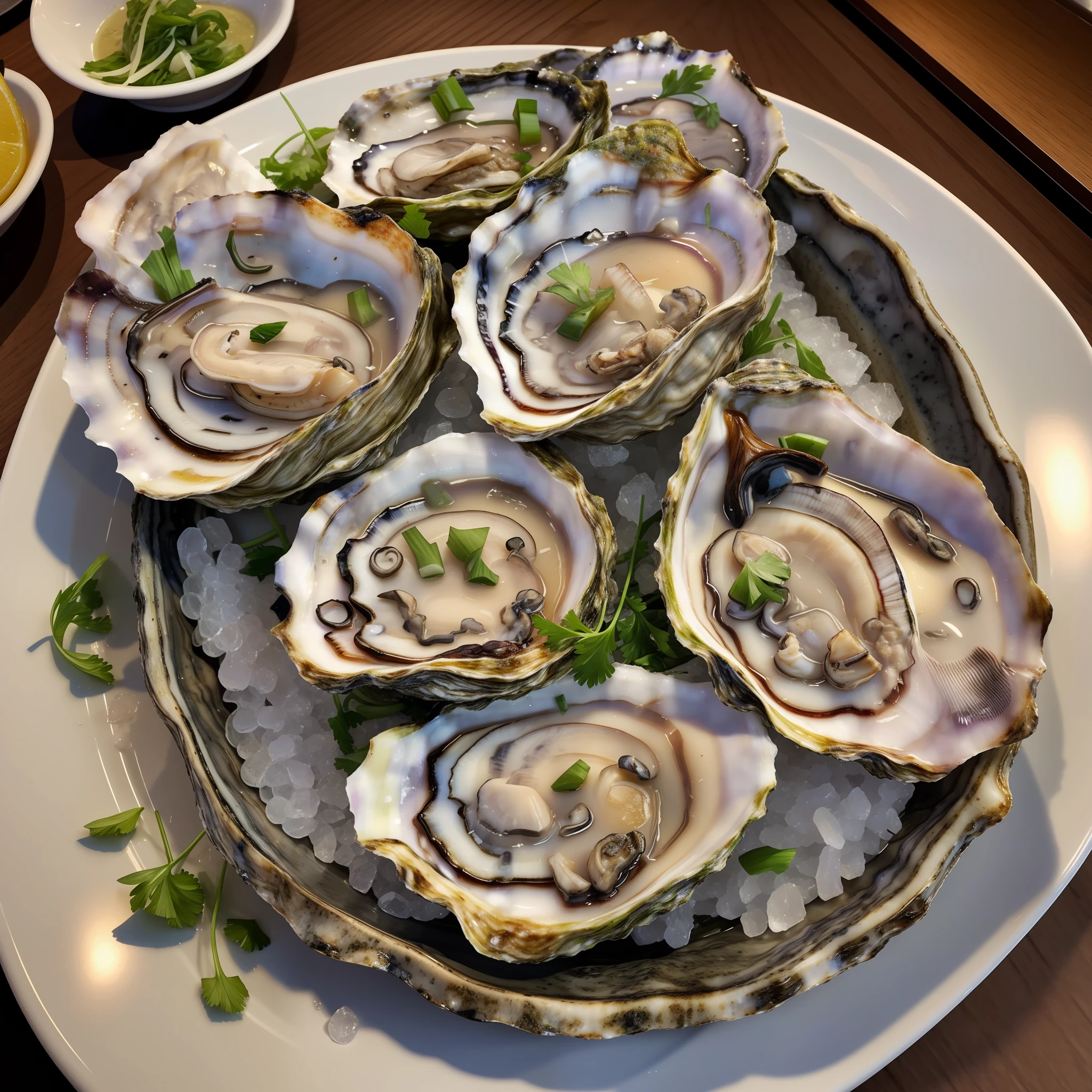 Inside one plate are three ultra-realistic oysters in a realistic style