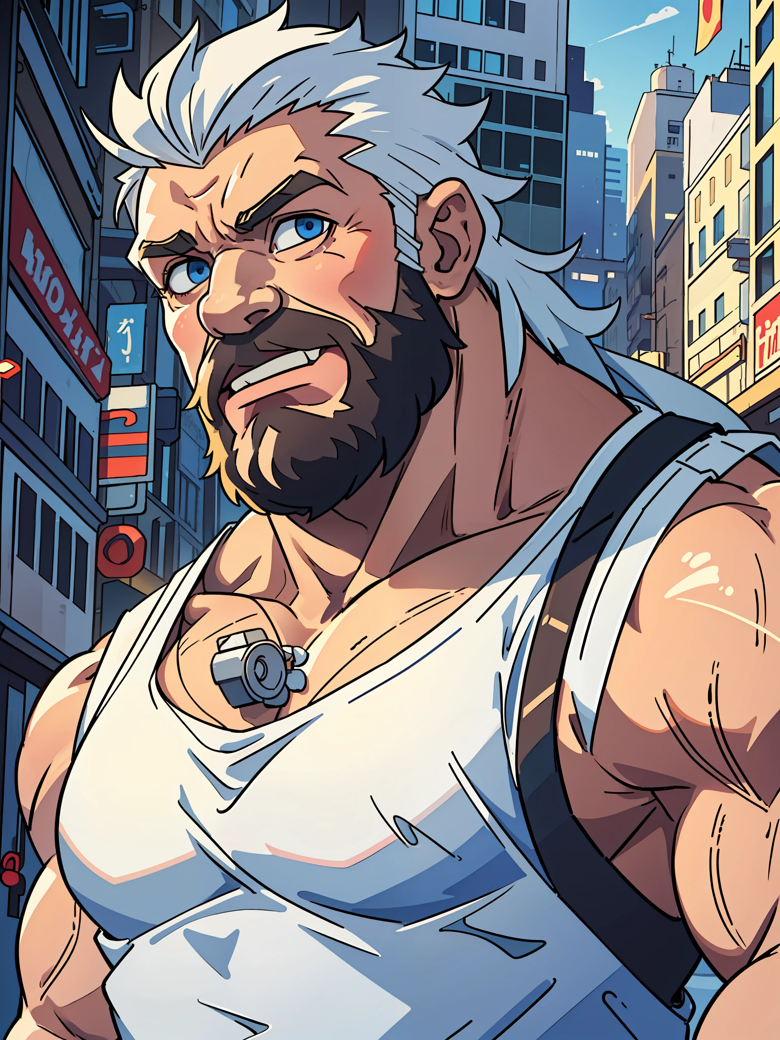 a old man big muscular, happy expression, detailed face, face, detailed eyes, eyes, really big muscle, bigger muscle, very big muscular, over sized muscle, biggest muscle, big pec muscular, biggest pec muscle, detailed muscle, realistic rendering, CG realistic, 3d realistic, photography, background, white beard, city background, white hair, tank top