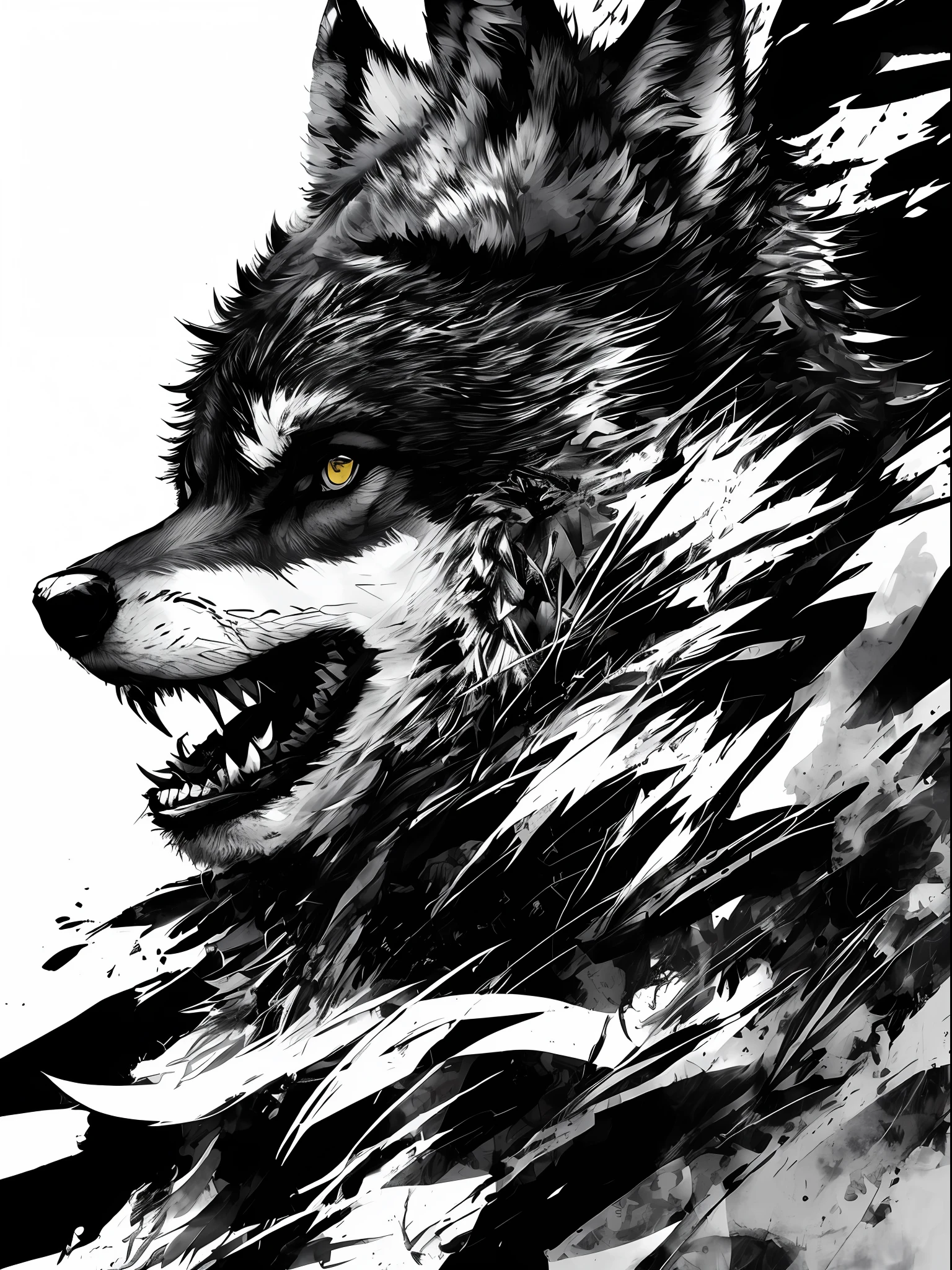 Wolf, style of Yoji Shinkawa, black and white, print, super detailed