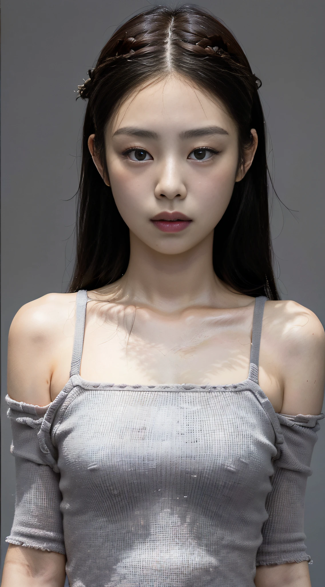 (1girl:1.3), solo, __body-parts__, Kim Ji-ni Jennie face, misanthropic face, cold eyes, bare shoulders, high-end, blurred solid dark gray background, 8k resolution image, intricate symmetrical details.