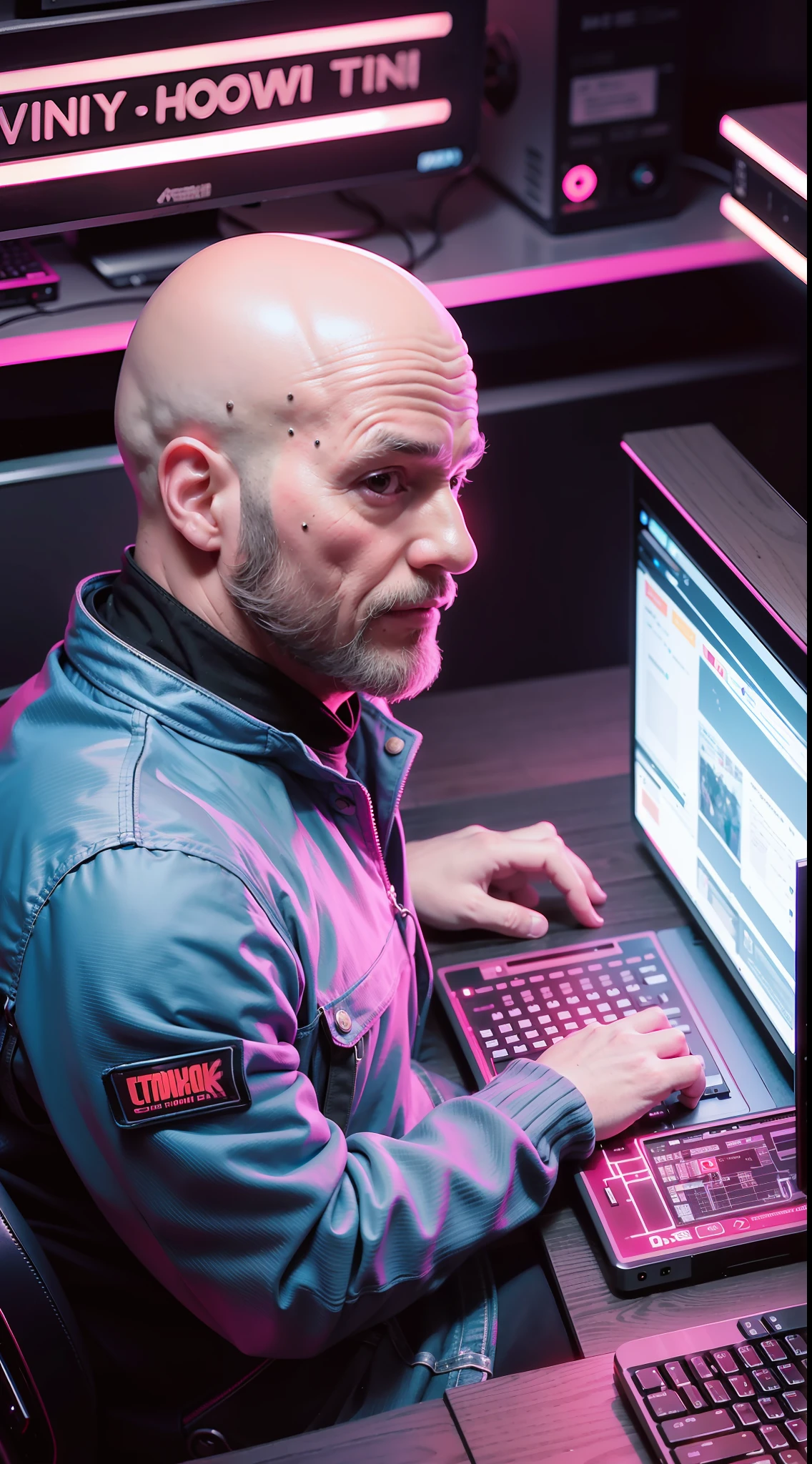 40 year old bald man sitting, computers around, (a huge owl bird on his shoulder), red owl, cyberpunk style, image angle from above, dramatic light, neon blue light with pink, vibrant colors, high quality, high definition, 16k, uhd, severe low lighting, high quality, sharp focus, fujifilm XT3, Fine composition, super detailed, best quality.