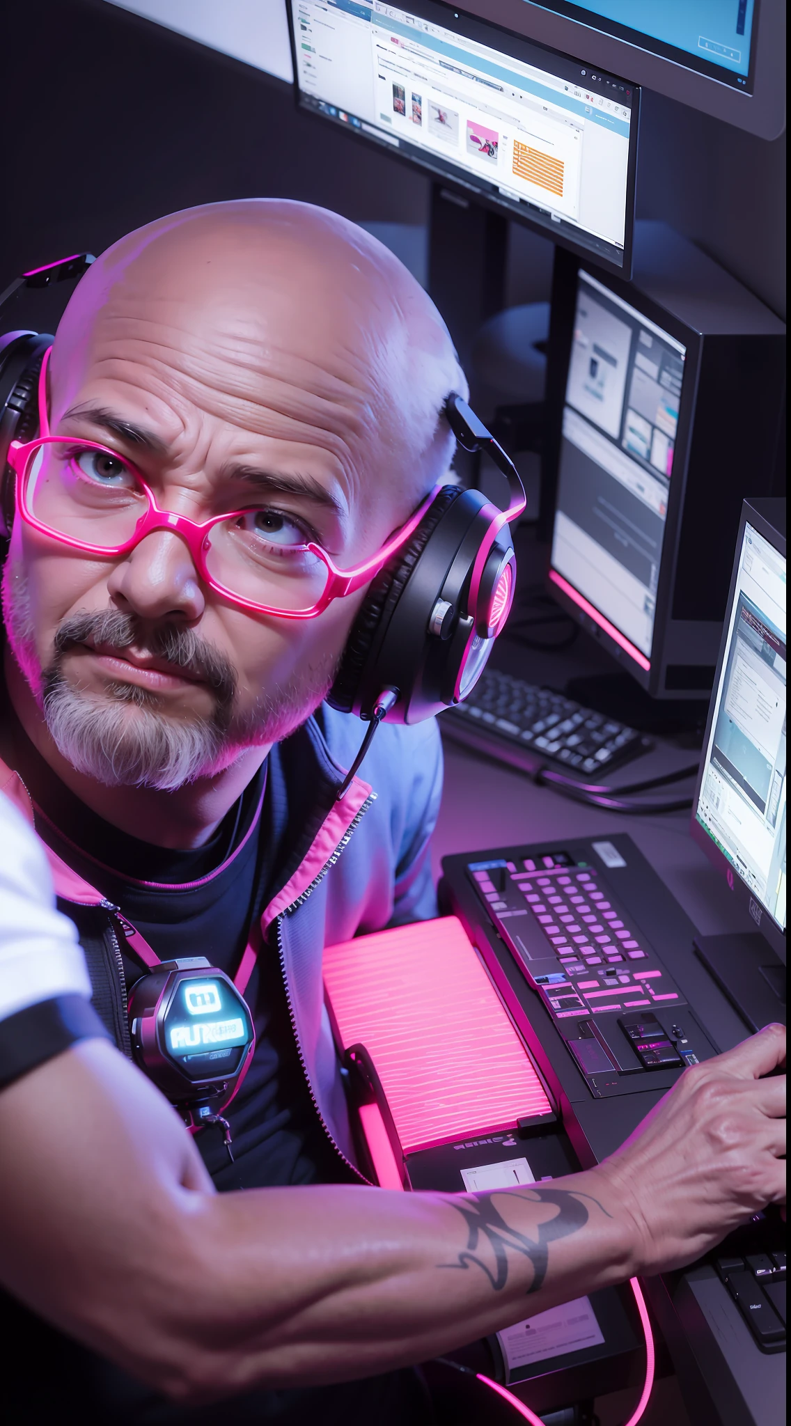 40 year old bald man sitting, computers around, (a huge owl bird on his shoulder), red owl, cyberpunk style, image angle from above, dramatic light, neon blue light with pink, vibrant colors, high quality, high definition, 16k, uhd, severe low lighting, high quality, sharp focus, fujifilm XT3, Fine composition, super detailed, best quality.