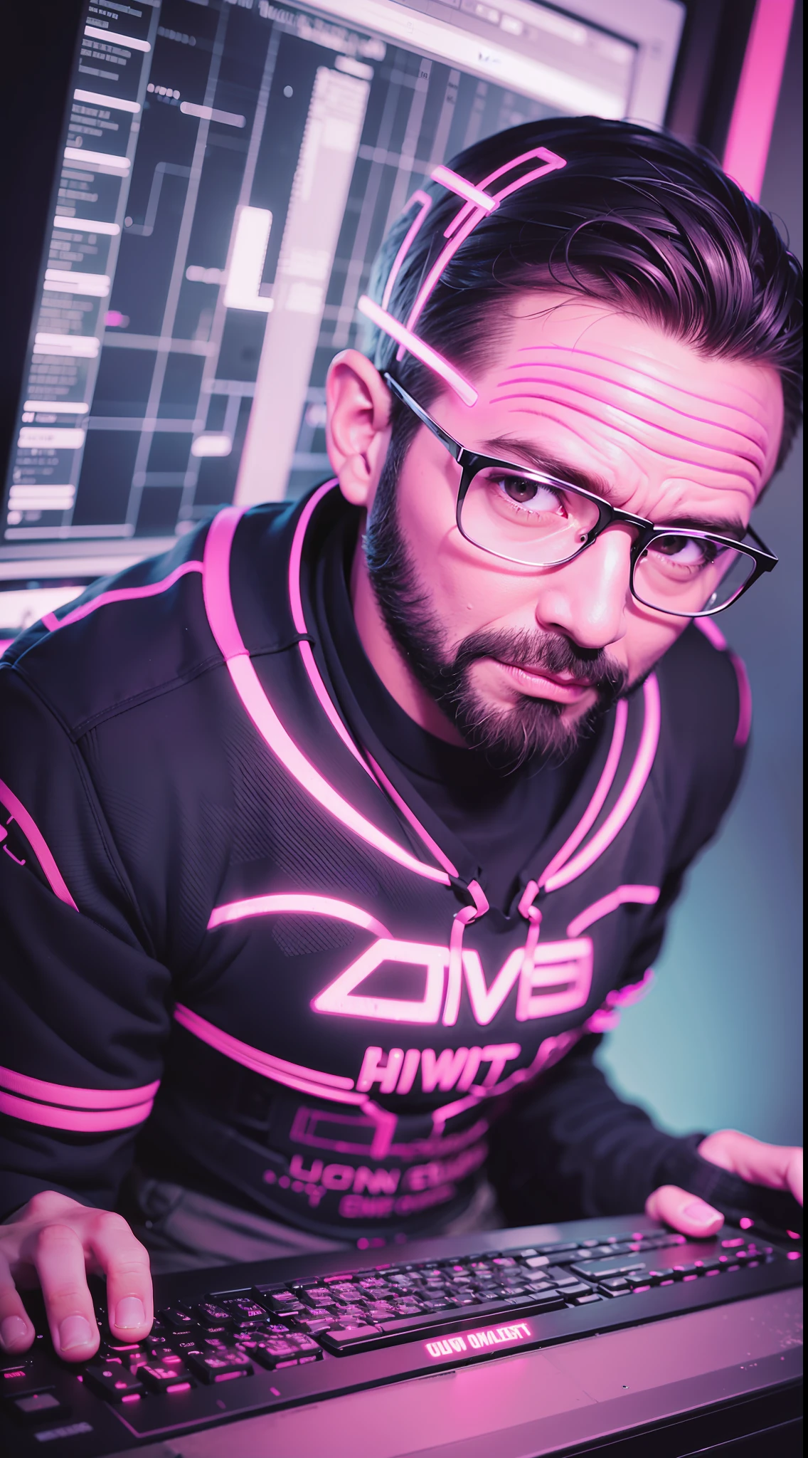 40 year old bald man sitting, computers around, (a huge owl bird on his shoulder), red owl, cyberpunk style, image angle from above, dramatic light, neon blue light with pink, vibrant colors, high quality, high definition, 16k, uhd, severe low lighting, high quality, sharp focus, fujifilm XT3, Fine composition, super detailed, best quality.