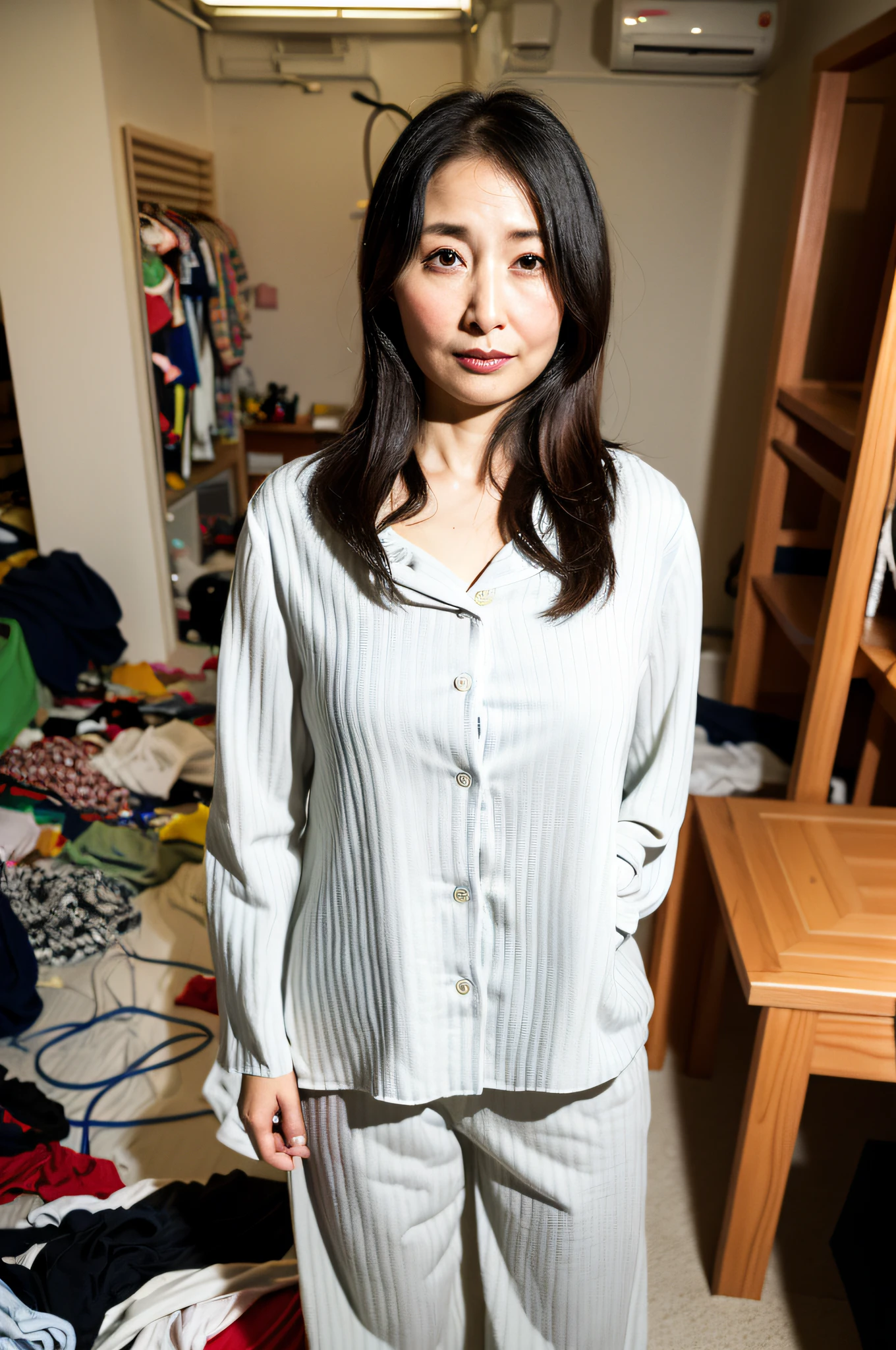 ((Best Quality, 8k, Masterpiece: 1.3)), Sharp Focus, High Quality, High Resolution, Portrait, Solo, Japan People, Middle Aged Woman, Beauty, 42 Years Old, Wavy Hair, Bra, Pajama Pants, Wrinkles at the corners of the eyes, Full body, Expressionless, Messy room,