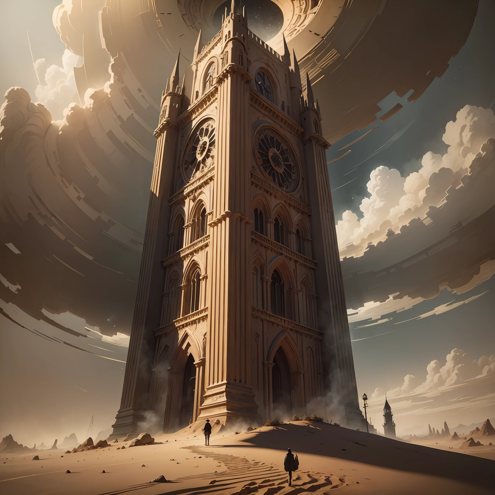A lonely cowboy facing a tower in a desert setting. The gunslinger is dressed in typical Old West attire, his shaded hat concealing his face, while his stare reveals his determination. He is standing before the imposing Dark Tower, with a black bird perched on the ground beside him. The surrounding environment is arid and hostile, with sand and dust being lifted by the wind. The tower itself is sinister and mysterious, emanating a dark energy. The scene evokes a sense of loneliness and imminent danger. It will be created as a digital illustration, with a desaturated color palette and sepia tones, to convey a mood of nostalgia and mystery. --ar 16:9 --v 5 --auto --s2