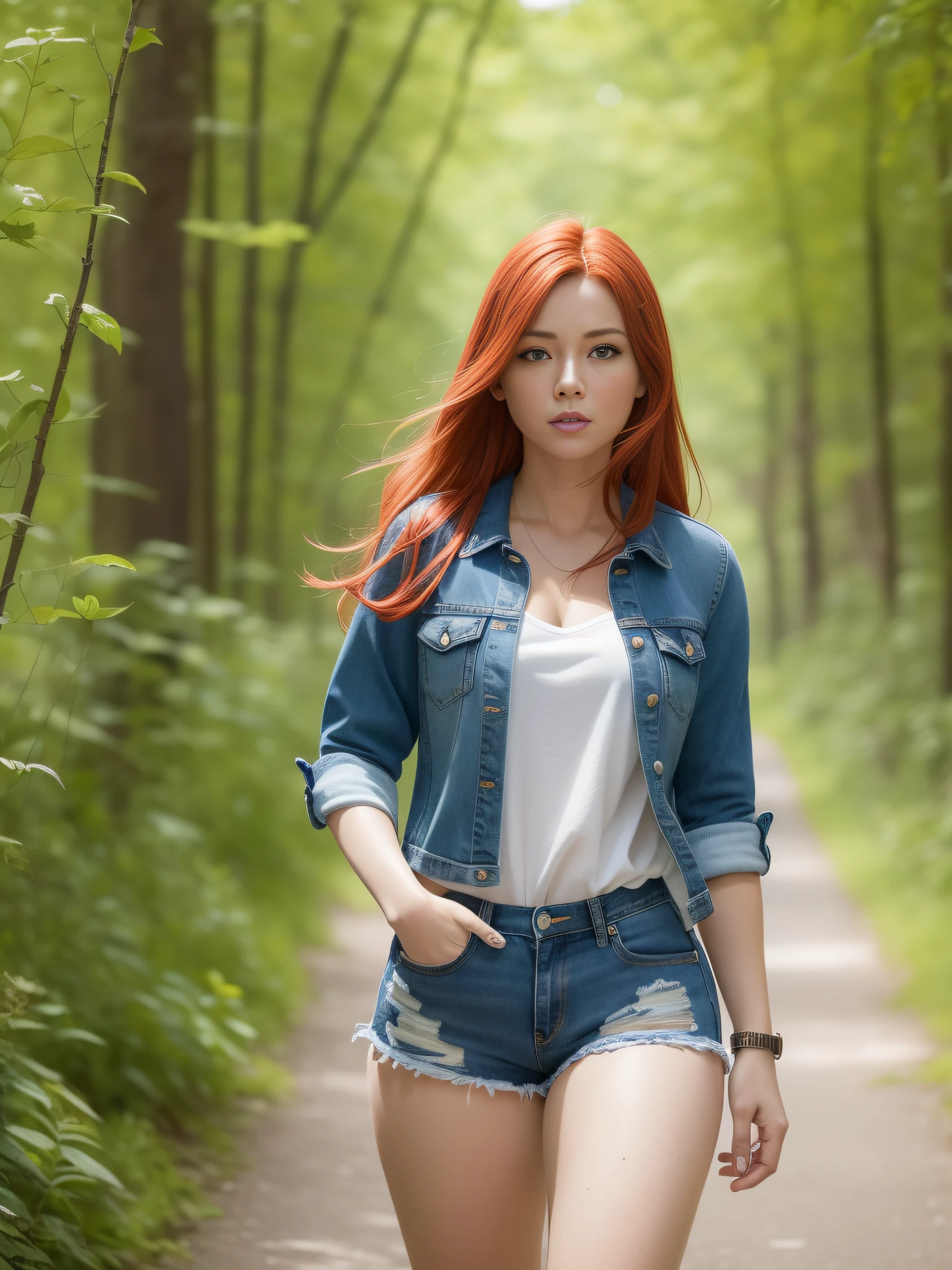 Generate a photorealistic image of a 35-year-old red-haired woman with an athletic body and wearing short jean shorts and a see-through white blouse, walking quietly down the sidewalk of a well-wooded street. Make sure the image has high quality and realism to convey the beauty and serenity of the scene