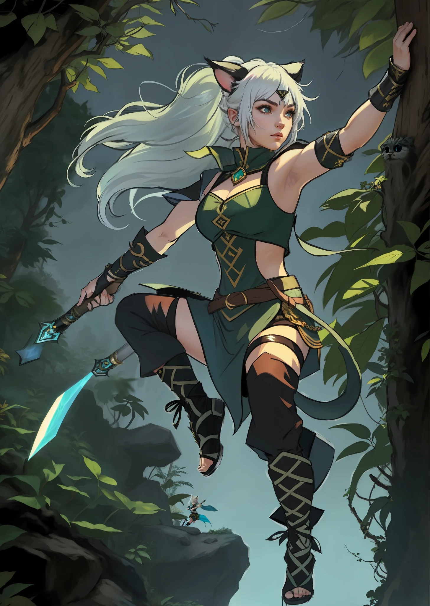 An RPG character with white hair, cat eyes and ears, wearing ultra-detailed, high-quality jungle warrior outfits in a dynamic, floating pose.