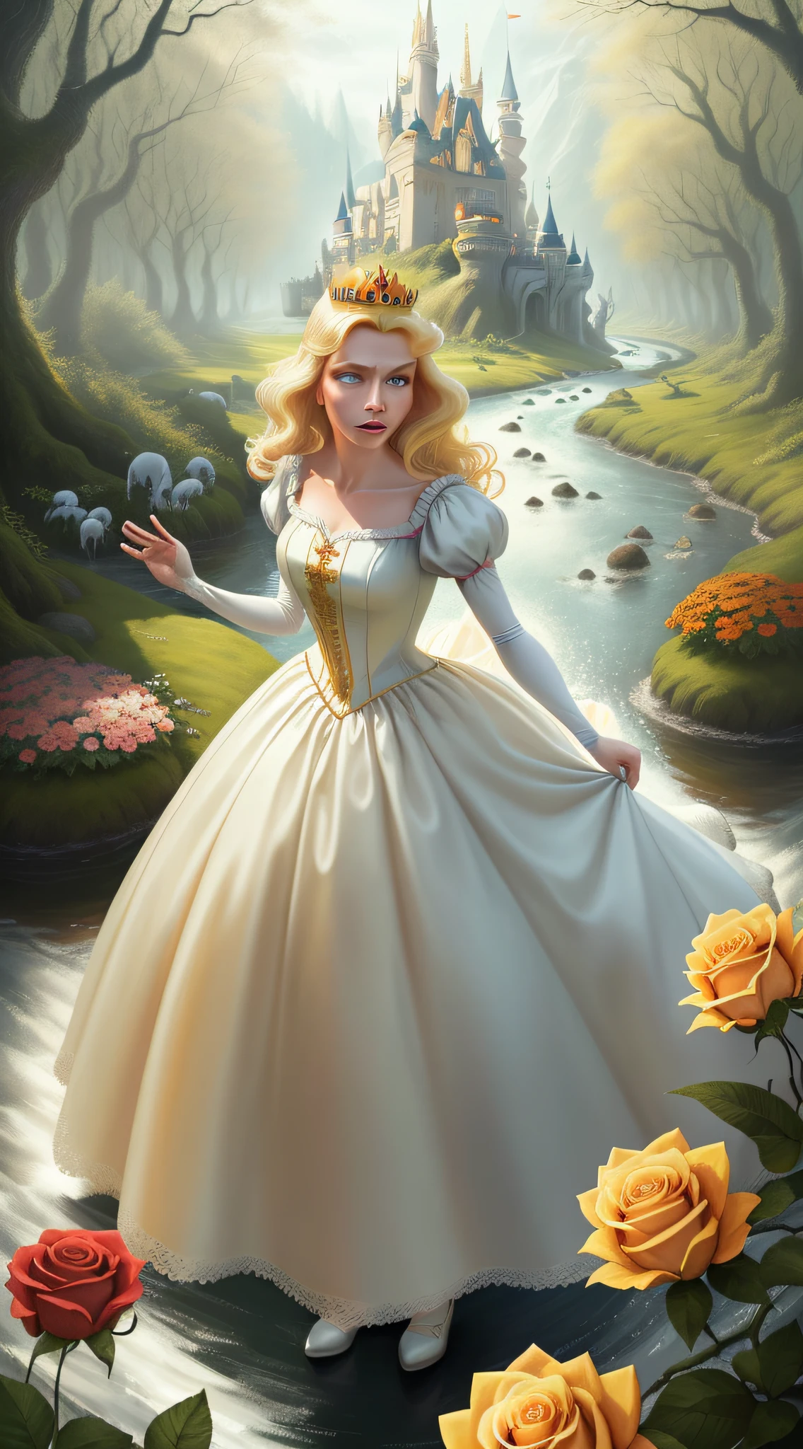 A beautiful Disney princess the blonde Snow White very scared wearing a crown in the forest with many cute animals near her., Many flowers of various colors. A sunny day. with a river and a fairytale castle in the background. Walt Disney cartoon style masterpiece style, various angles looking at the camera, big orange and red roses, 3, cute animals, very scared, seeing something scary approaching. Detail of the angle, on his terrified face