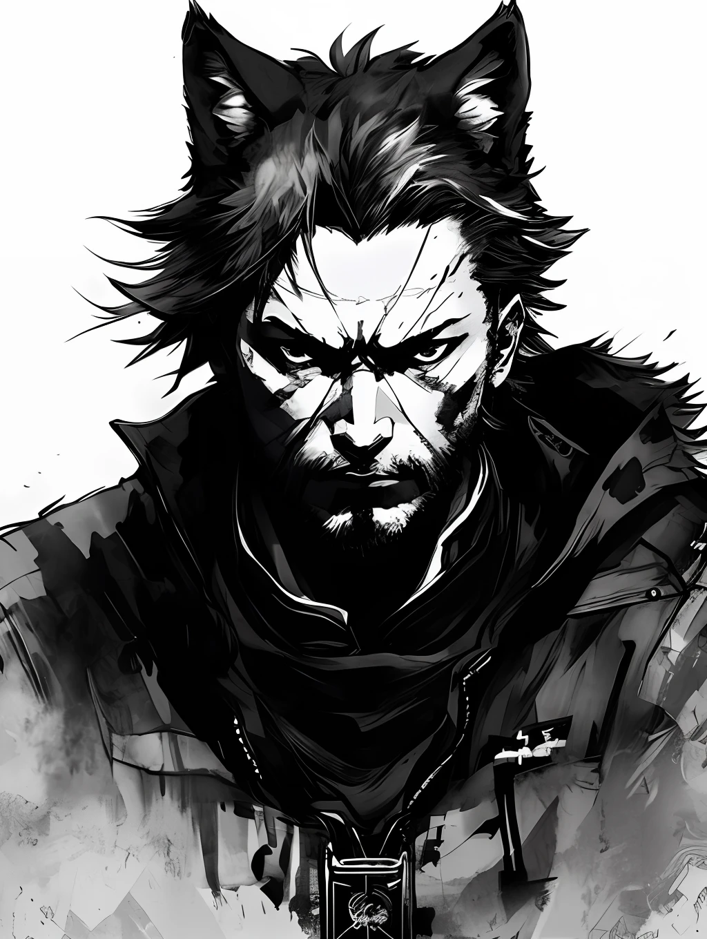 Wolf, style of Yoji Shinkawa, black and white, print, super detailed