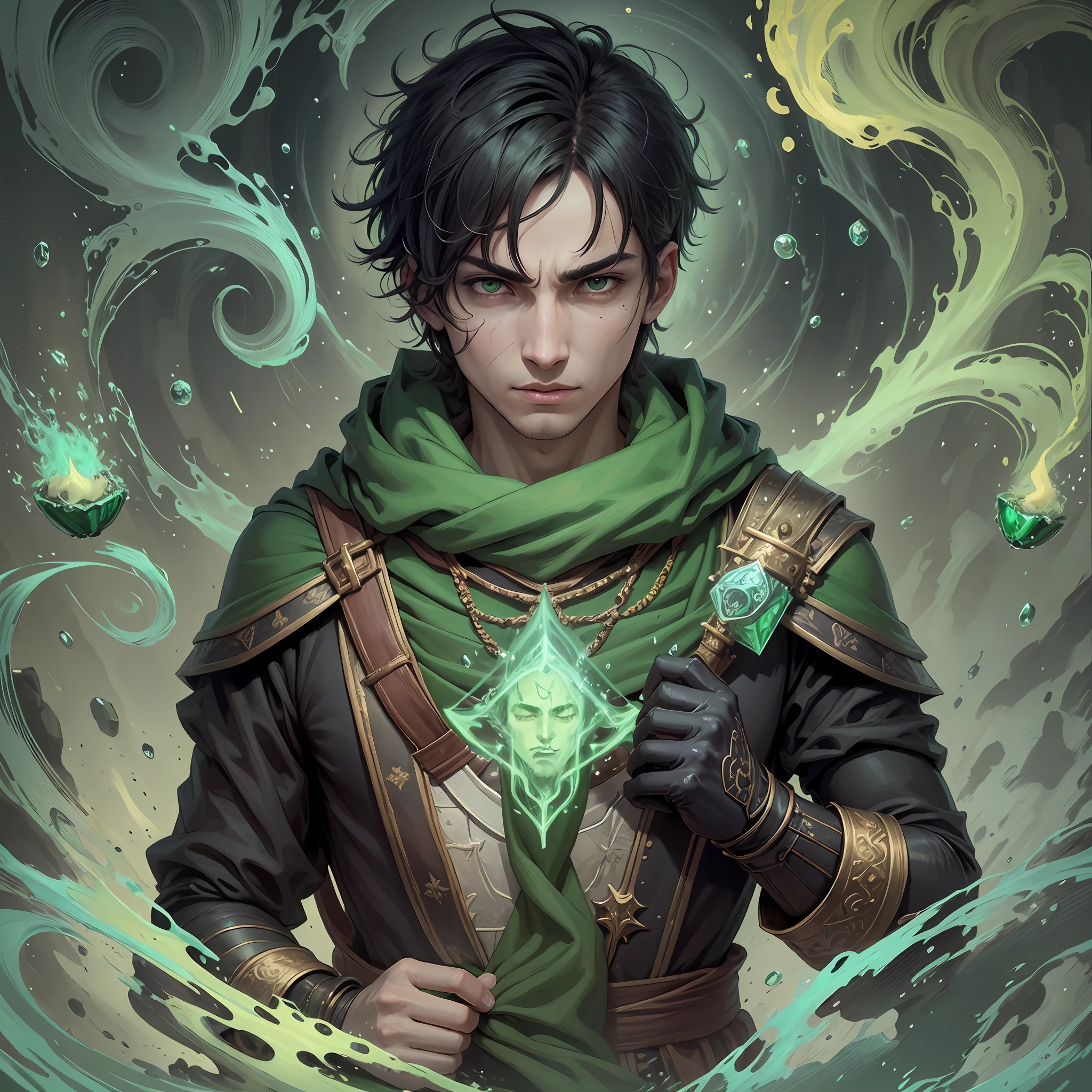 Tarot illustration, pixelart Young male character, tarot card, Wizard phlegm, looking spectator, green color, mantle, phlegm nose, phlegm falls, puddle phlegm, arabesque phlegm, the MOISTER MANCER, runny nose, flu, sinusitis, rhinitis, phlegm fold, MOISTER bending