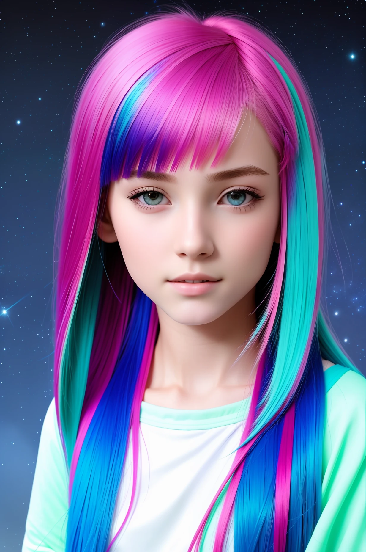 Realistic girl, 15 years old, vivid, colorful hair, alien