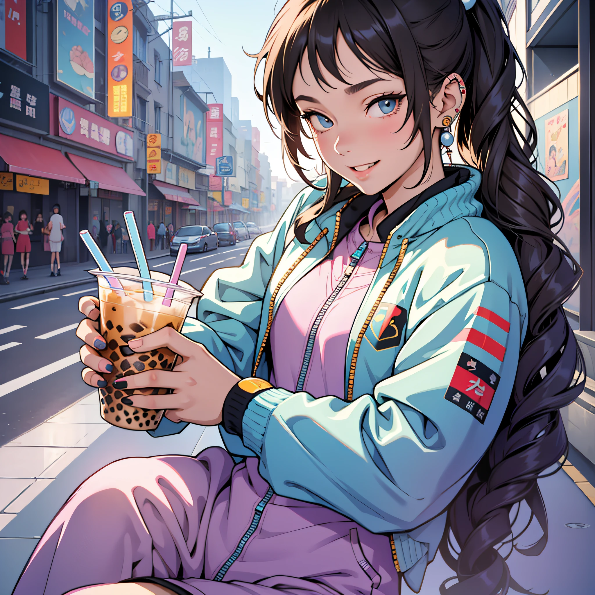 girl with the pearl earring;;1. 5 anime style, laughing and drinkink bubble tea, in gucci tracksuit, li-core sense of fashion in the style retrofuturism