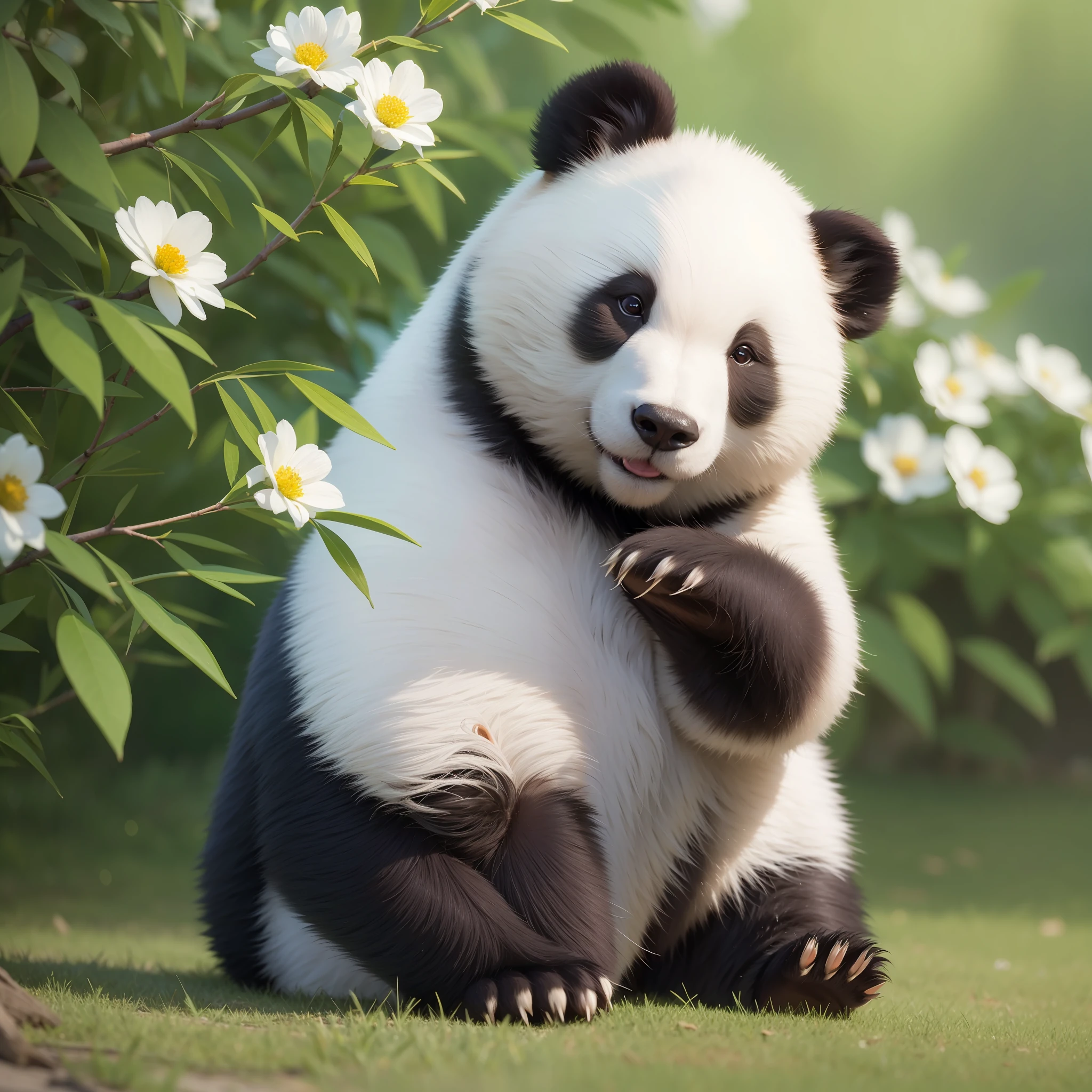 8K, 1 bear, cute sitting on the ground, (shiny and shiny hair: 1.5), (exquisite depiction of details: 1.5), cute giant panda named Hehua, characteristics of giant panda, black limbs, two front paws holding a large bamboo shoot sitting on the ground, smiling at the audience, enjoying the spring scenery in the small hills full of flowers, wide-angle lens, high-definition picture quality, exquisite detail description