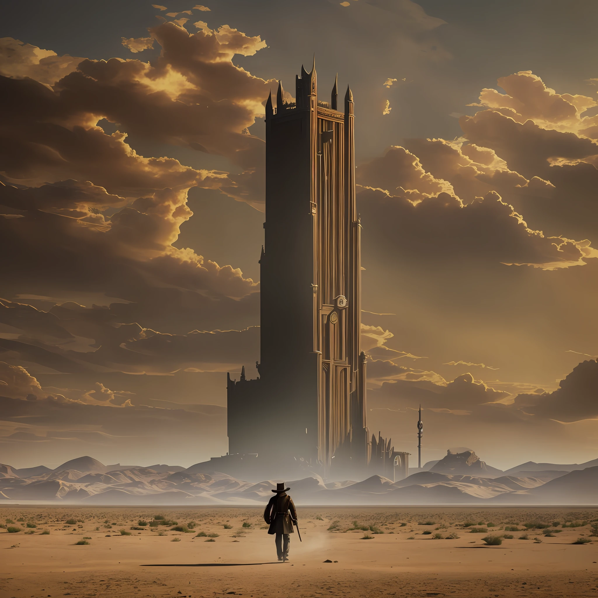 A lonely cowboy facing a tower in a desert setting. The gunslinger is dressed in typical Old West attire, his shaded hat concealing his face, while his stare reveals his determination. He is standing before the imposing Dark Tower, with a black bird perched on the ground beside him. The surrounding environment is arid and hostile, with sand and dust being lifted by the wind. The tower itself is sinister and mysterious, emanating a dark energy. The scene evokes a sense of loneliness and imminent danger. It will be created as a digital illustration, with a desaturated color palette and sepia tones, to convey a mood of nostalgia and mystery. --ar 16:9 --v 5, Social realism, best quality, high details, super detail --auto --s2