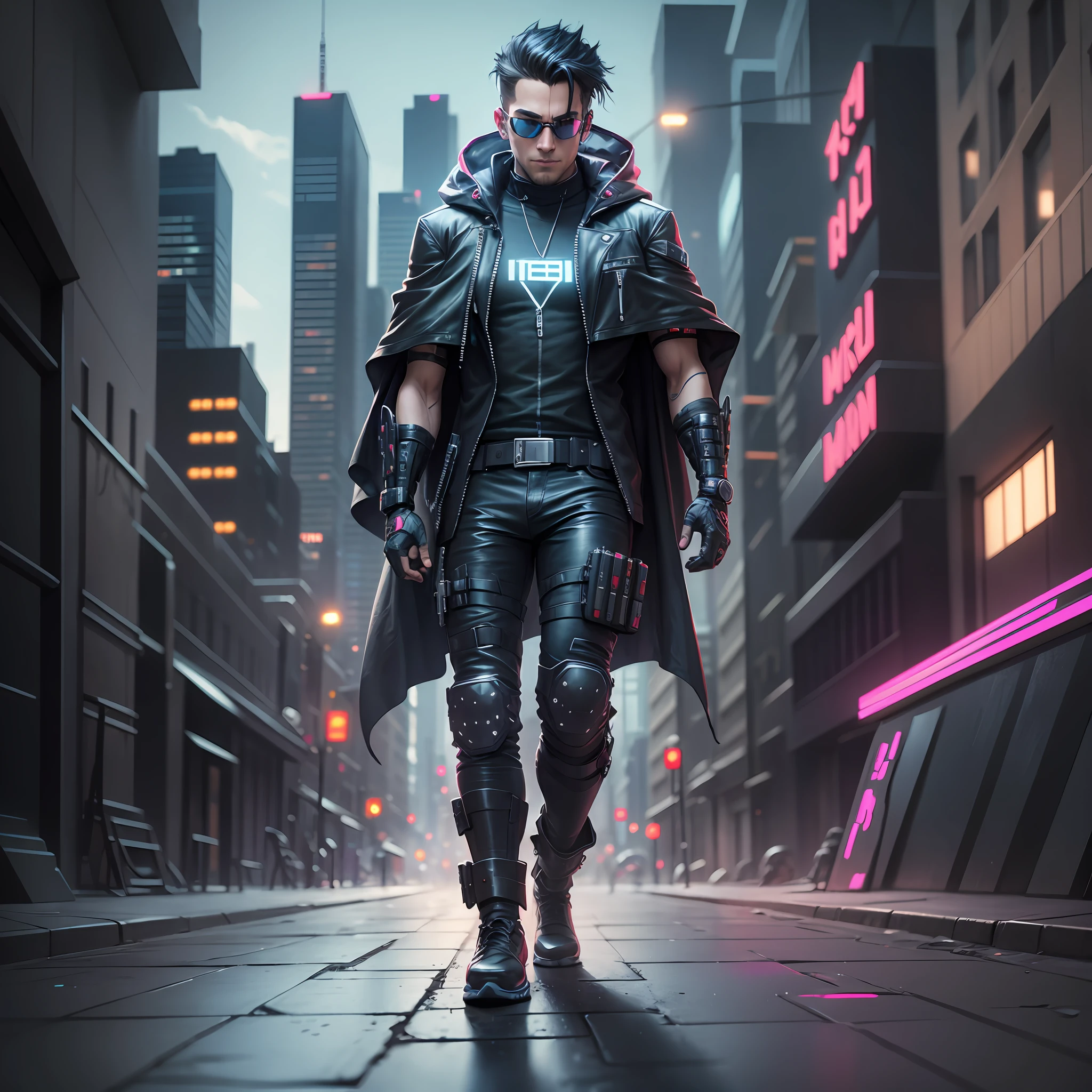 hacker man, cyberpunk style, wearing a black cape, walking in a cyberpunk city, movie quality, 4k --auto --s2