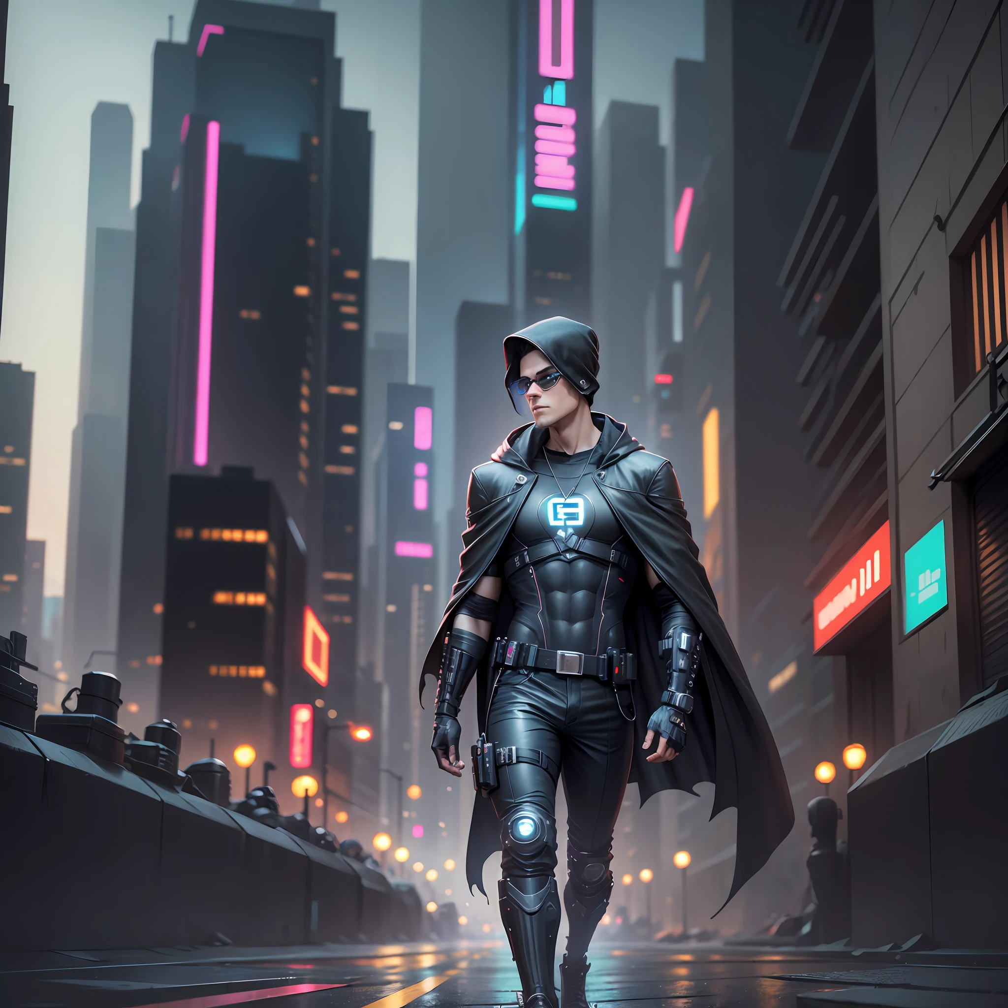 hacker man, cyberpunk style, wearing a black cape, walking in a cyberpunk city, movie quality, 4k --auto --s2