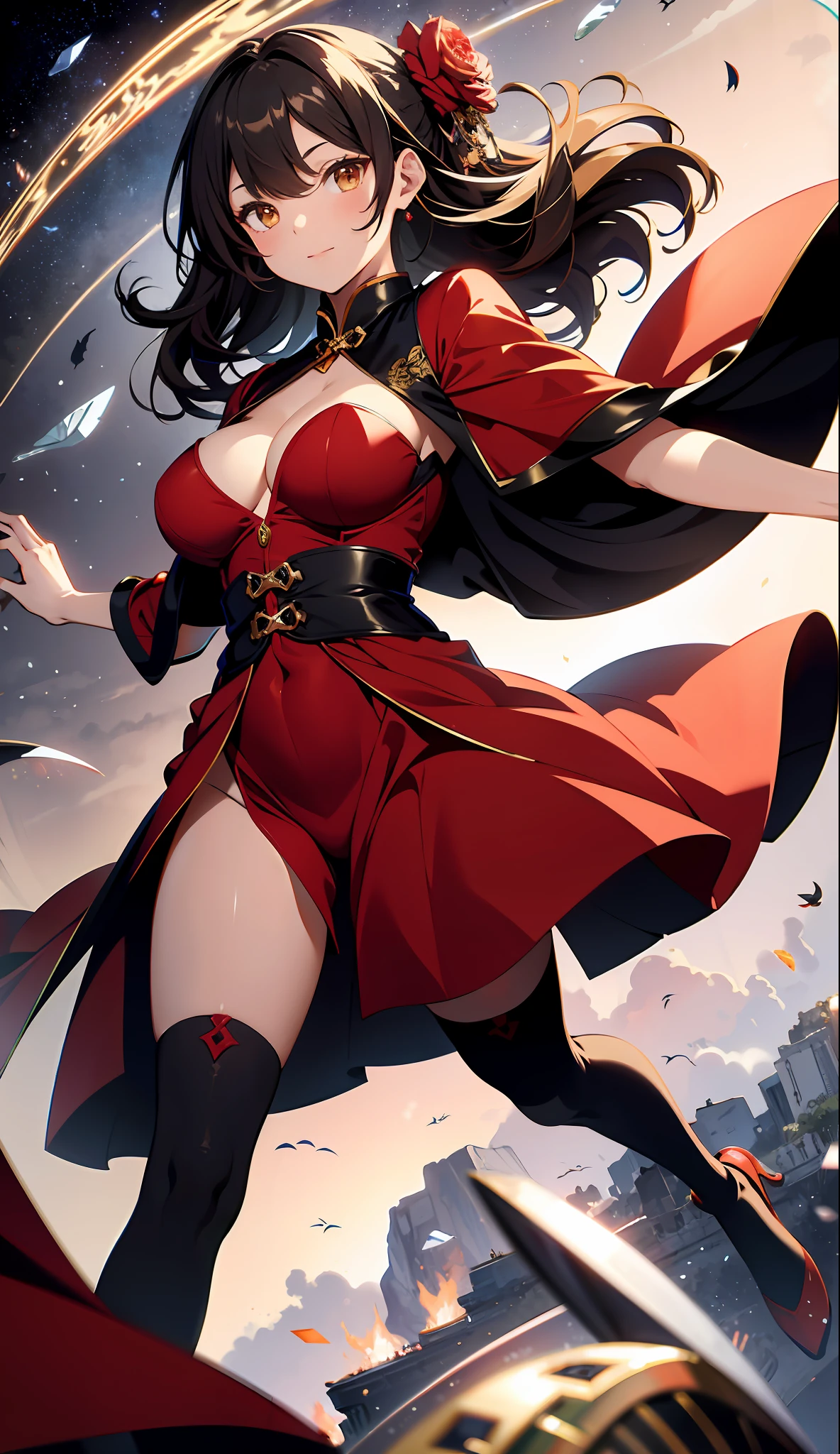 absurd res, high res, (masterpiece:1.4), ultra-detailed, 1girl, from above, space, floating, red Chinese dress, red dress, black stockings, light brown hair, yellow eyes, hands out of frame, head out of frame, grabbing breasts, squeezing breasts