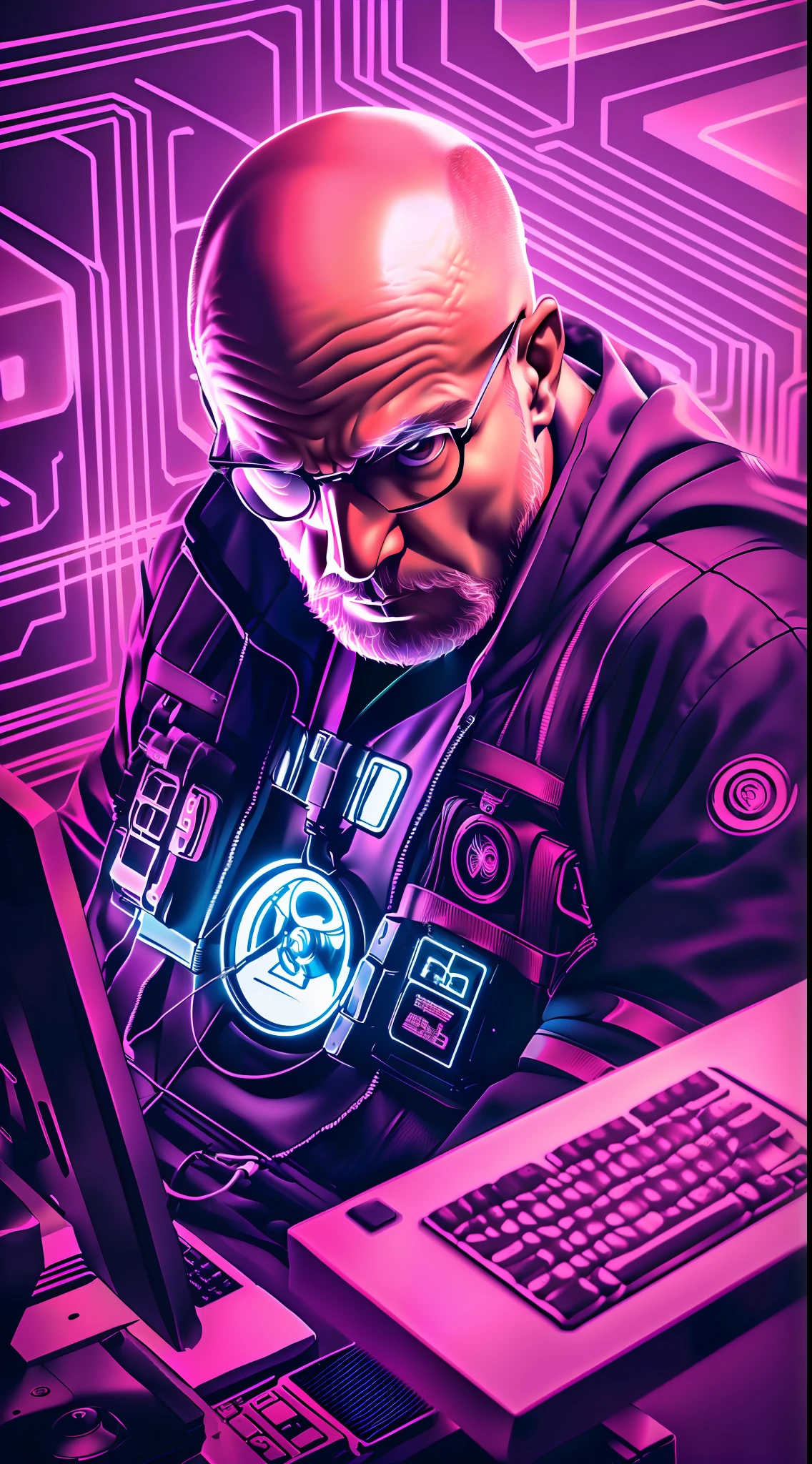 40 year old bald man sitting, computers around, (a huge owl bird on his shoulder), red owl, cyberpunk style, image angle from above, dramatic light, neon blue light with pink, vibrant colors, high quality, high definition, 16k, uhd, severe low lighting, high quality, sharp focus, fujifilm XT3, Fine composition, super detailed, best quality.