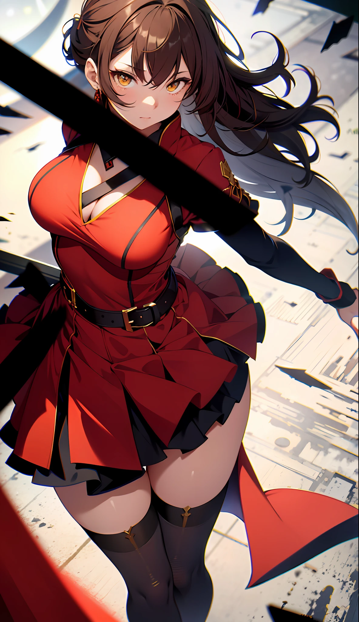 absurd res, high res, (masterpiece:1.4), ultra-detailed, 1girl, from above, space, floating, red Chinese dress, red dress, black stockings, light brown hair, yellow eyes, hands out of frame, head out of frame, grabbing breasts, squeezing breasts