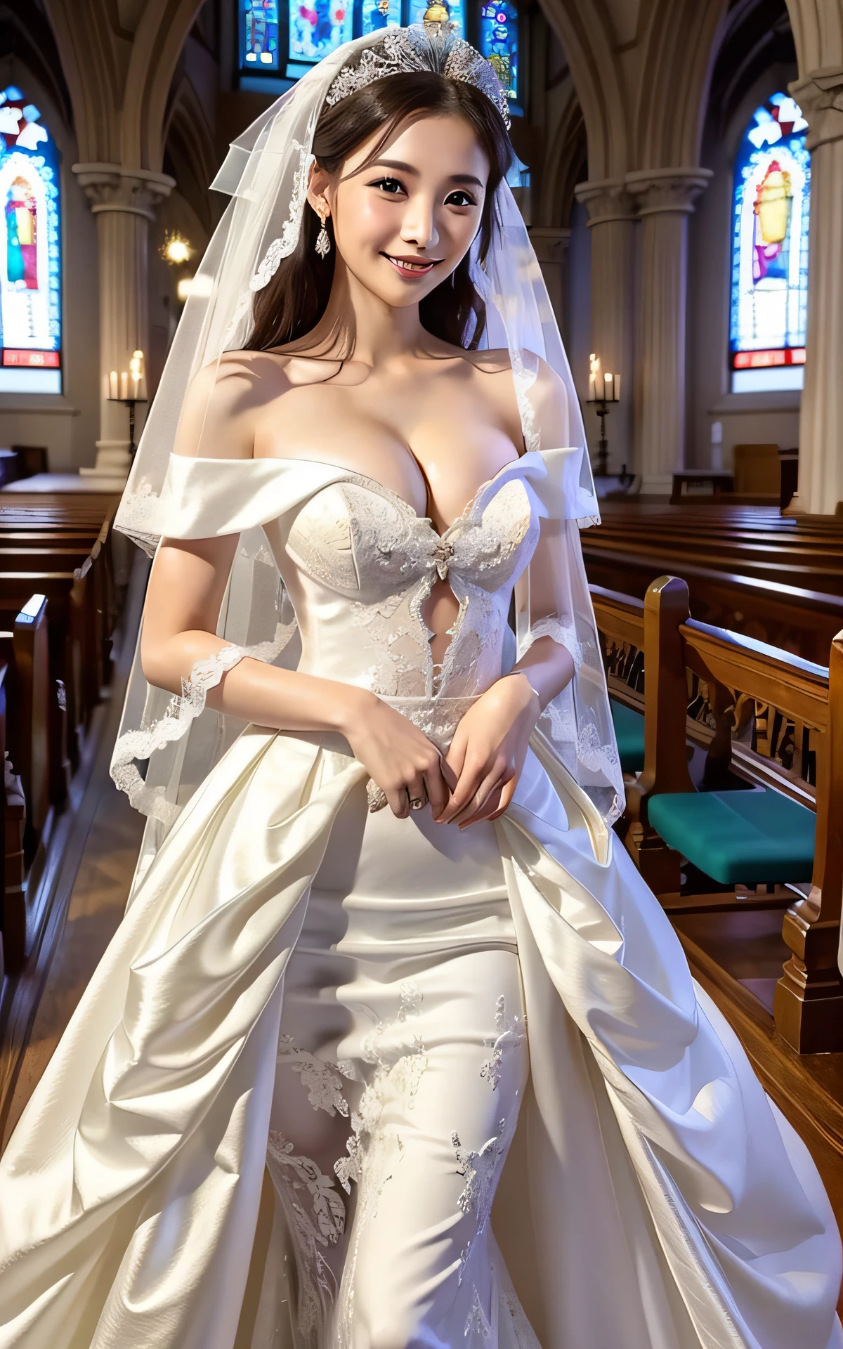 (Masterpiece: 1.4), (Hyper Realistic: 1.4), (Best Quality, 16k, 32k, Masterpiece, UHD: 1.2), Pretty Japan Woman Pictures, ung Girl, Double Eyelids, (Big: 1.2), Sexy Bride, (Pure White Wedding Dress, Wedding Veil)), (Deep Slit: 1.2), (Smile: 1.1), Off Shoulder , ((in the church)), cleavage cutout, (full body)
