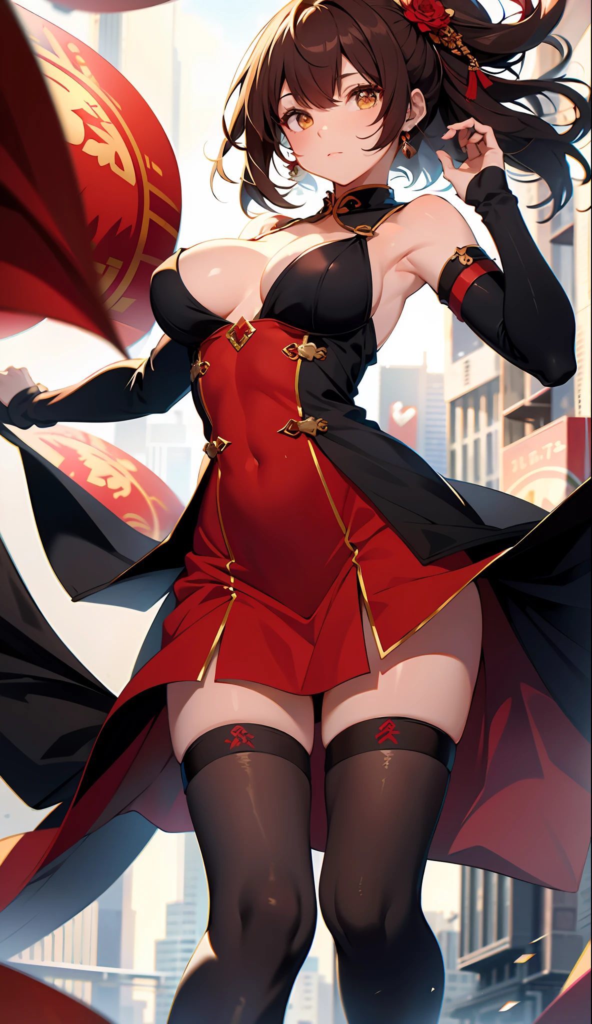 absurd res, high res, (masterpiece:1.4), ultra-detailed, 1girl, from above, space, floating, red Chinese dress, red dress, black stockings, light brown hair, yellow eyes, hands out of frame, head out of frame, grabbing breasts, squeezing breasts