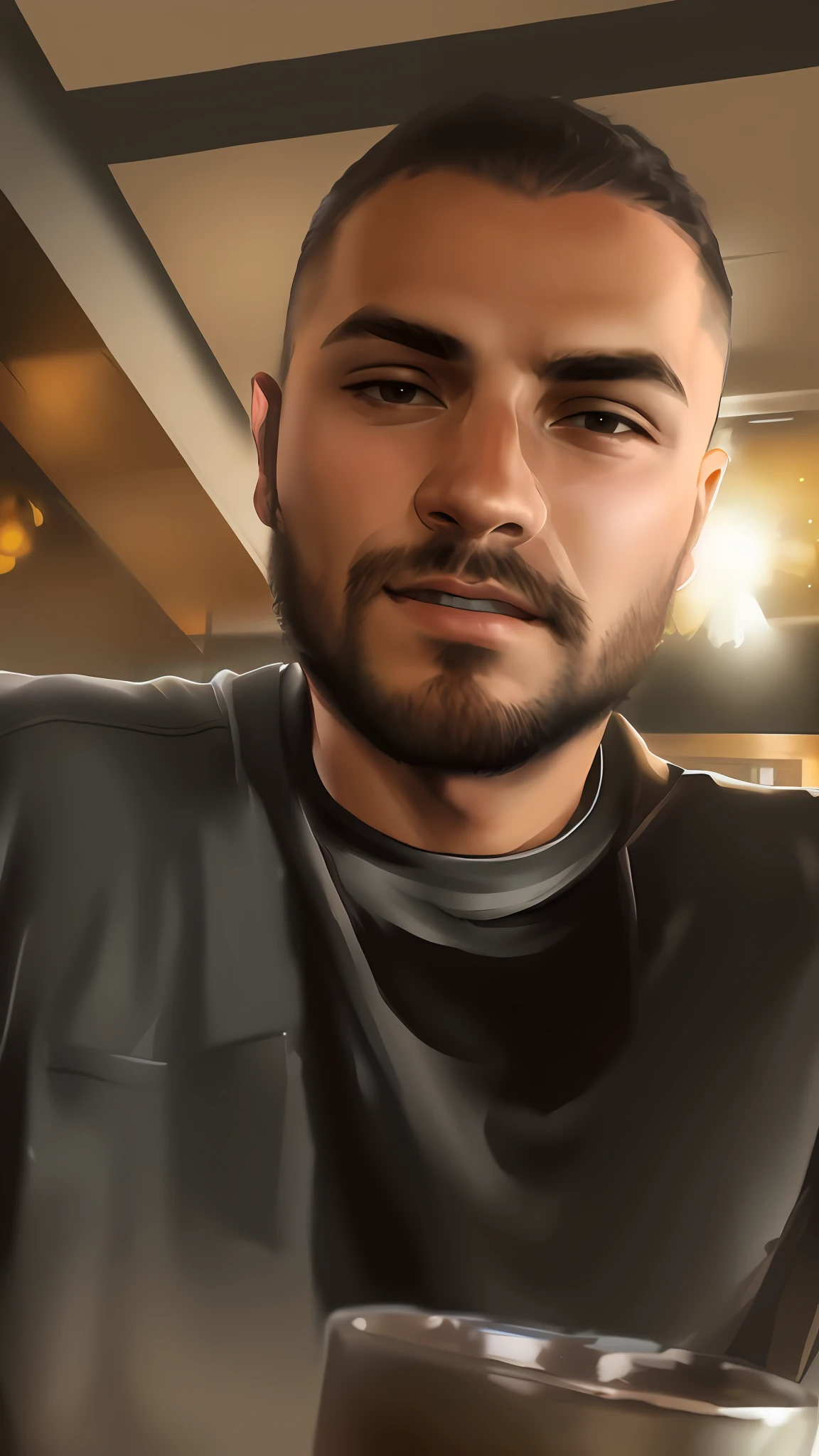 There is a man sitting at a table in a black shirt, about 19 years old, taken in early 2020, headshot profile picture, high quality photo, portait profile picture, gta san andreas style