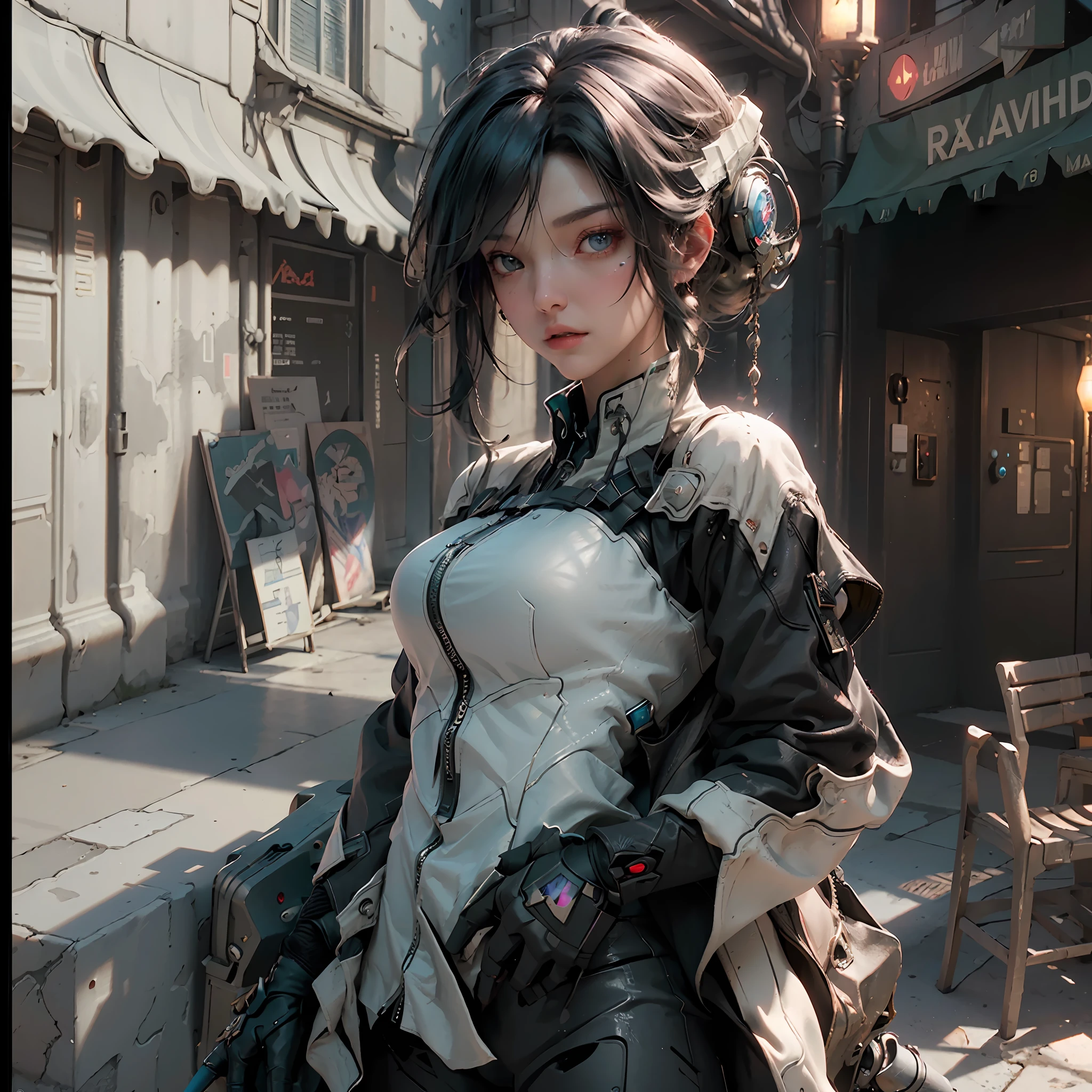 ((Best quality)), ((masterpiece)), (detailed:1.4), 3D, an image of a beautiful cyberpunk female,HDR (High Dynamic Range),Ray Tracing,NVIDIA RTX,Super-Resolution,Unreal 5,Subsurface scattering,PBR Texturing,Post-processing,Anisotropic Filtering,Depth-of-field,Maximum clarity and sharpness,Multi-layered textures,Albedo and Specular maps,Surface shading,Accurate simulation of light-material interaction,Perfect proportions,Octane Render,Two-tone lighting,Wide aperture,Low ISO,White balance,Rule of thirds,8K RAW, 1 girl , medium breast , short hair