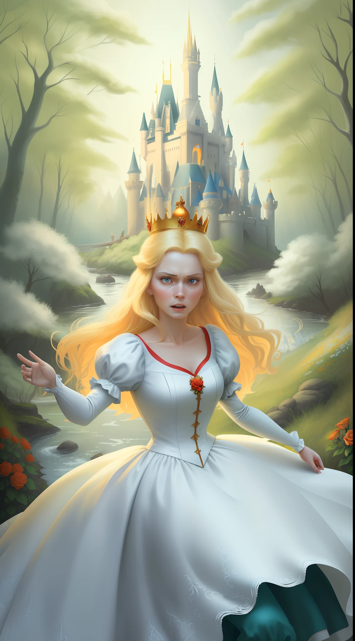 A beautiful Disney princess with 25 years, the blonde Snow White very scared wearing a crown in the forest with many cute animals near her., Many flowers of various colors. A sunny day. with a river and a fairytale castle in the background. Walt Disney cartoon style masterpiece style, various angles looking at the camera, big orange and red roses, 3, cute animals, very scared, seeing something scary approaching. Detail of the angle, on his terrified face