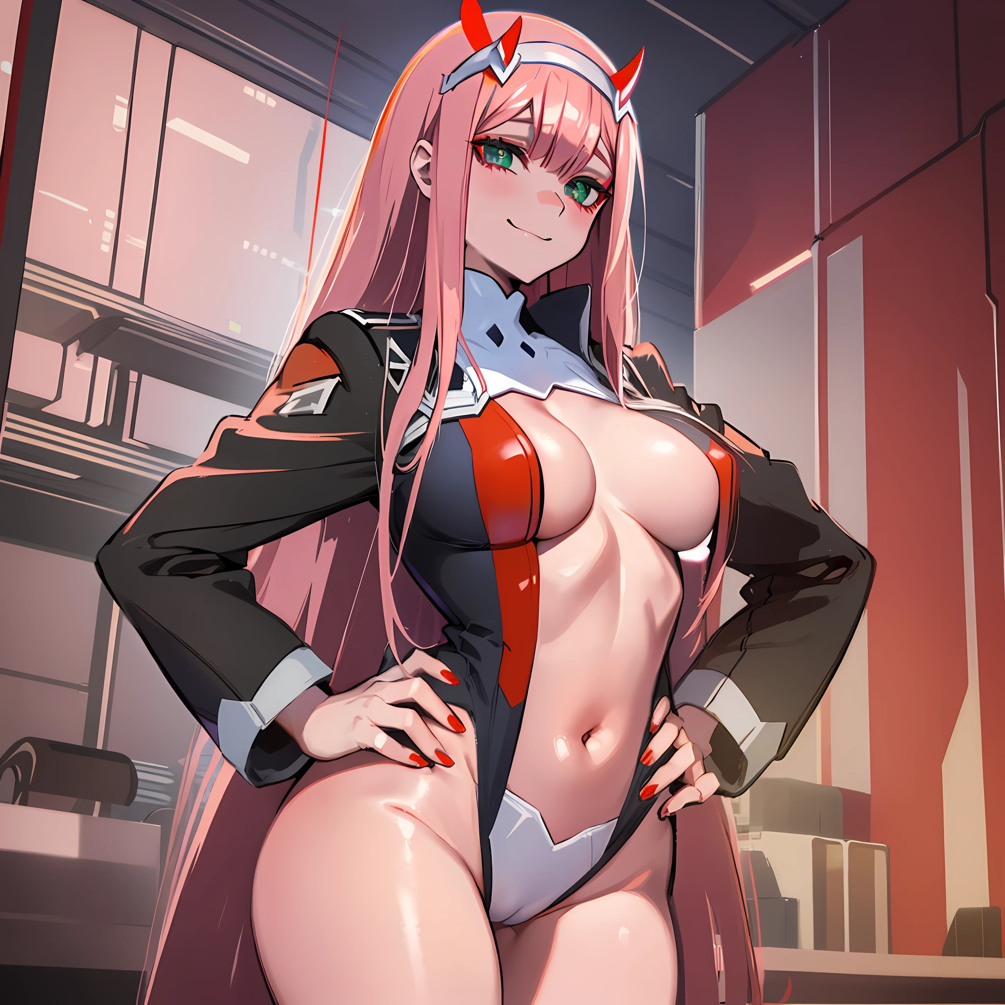 zero two \(darling in the franxx\), darling in the franxx, 1girl, bangs, biting, blush, covered navel, eyeshadow, green eyes, hair behind head, hand on hip, horns, smile, long hair, looking at viewer, makeup, pilot suit, red suit, pink hair, red eyeshadow, science fiction, skin tight, solo, ((masterpiece)),camel toe, (breast:1.4), 8k, (thick thighs:1.3), beautiful, boner in suit, trap