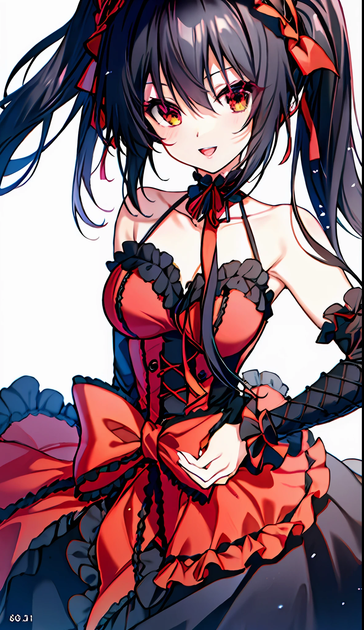 18 year old beautiful girl, masterpiece, top quality, very detailed, 8k anime, 1 girl, detailed fingers, precise fingers, not unnatural hands, odd eye, black hair twin tails, kurumi tokizaki,