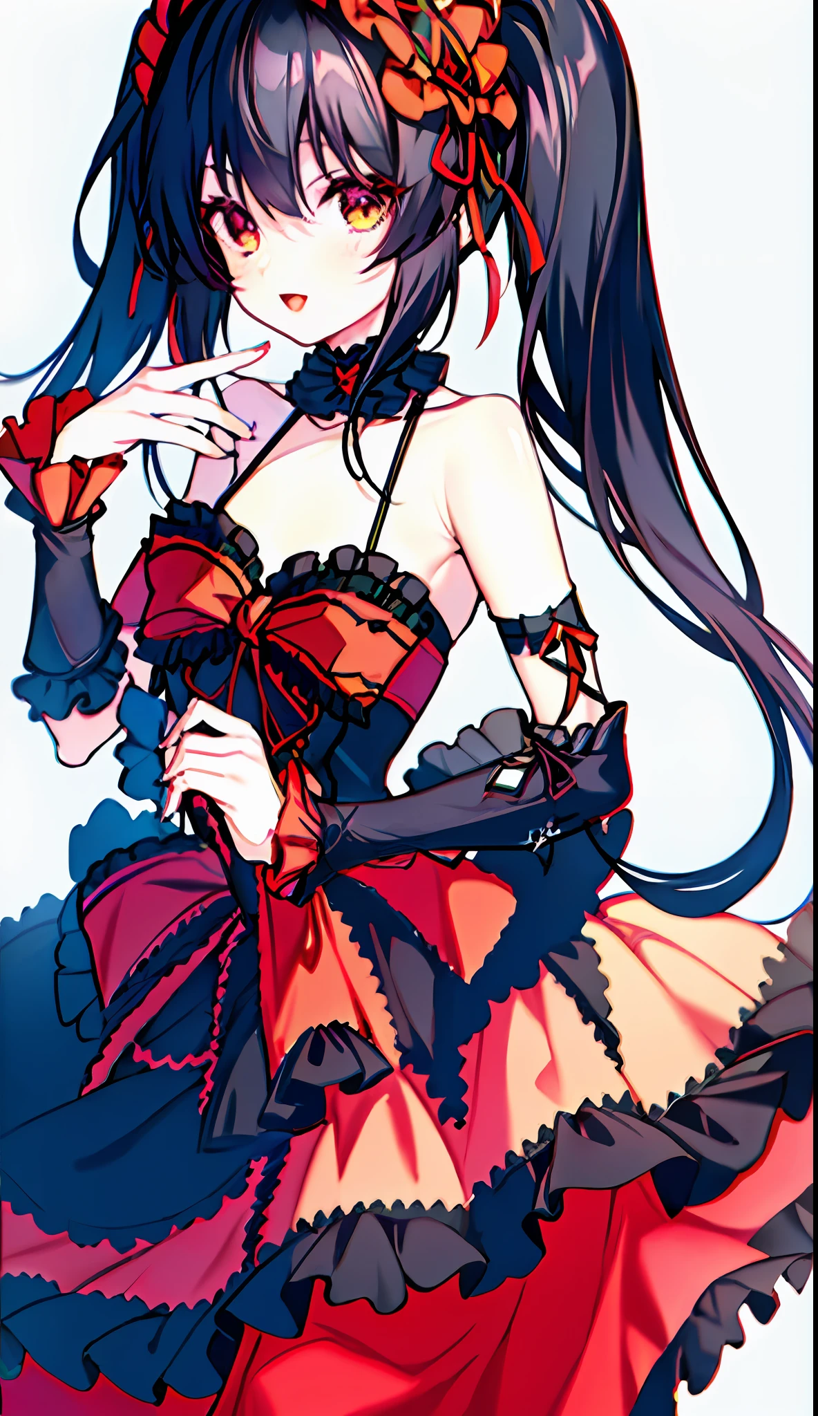 18 year old beautiful girl, masterpiece, top quality, very detailed, 8K, 1 girl, detailed fingers, precise fingers, not unnatural hands, odd eye, black hair twin tails, kurumi tokizaki,