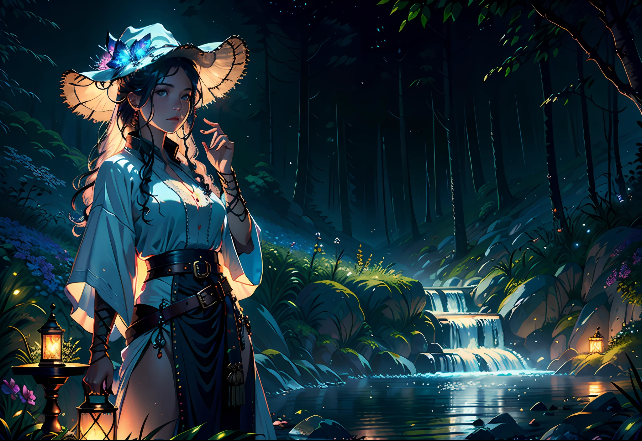 Masterpiece, incredible details, epic realistic, ultra clarity , (intricate details:1.12), (HDR:1.4), octane render, 3d render, cgi,dramatic, bokeh,
(dark shot:1.22), soft cinematic light,
Fast-flowing waterfalls, mountains, rivers, fireflies, flowers, glowing butterflies, crystals,
1girl, long hair, floating hair, belt, glove, hand guard, wizard hat, intricate wizard robe,(natural skin texture, hyperrealism, soft light, sharp:1.2)