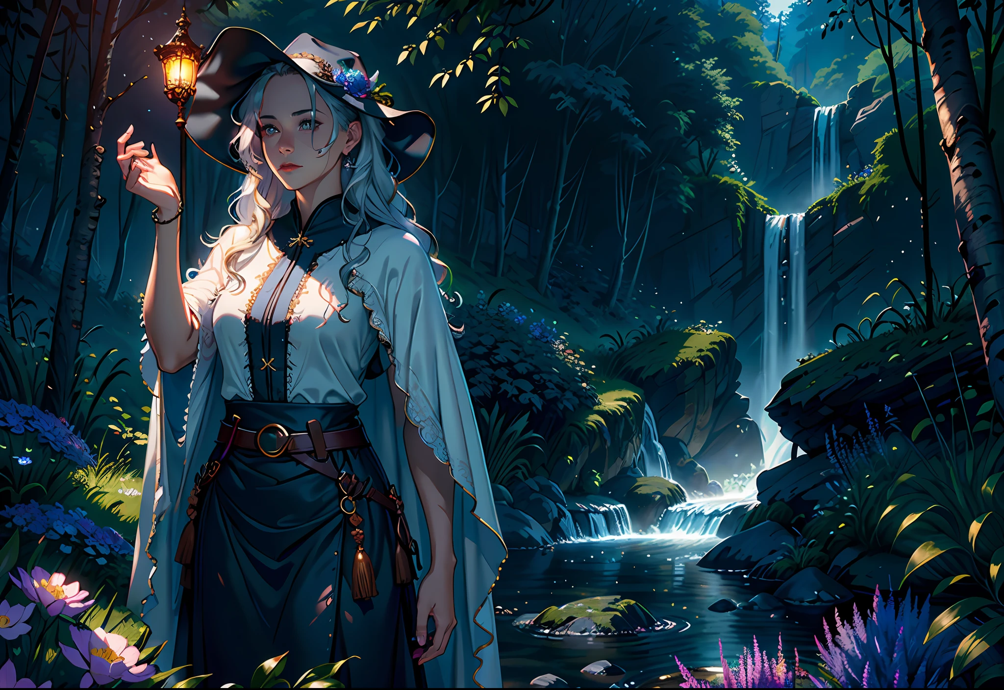 Masterpiece, incredible details, epic realistic, ultra clarity , (intricate details:1.12), (HDR:1.4), octane render, 3d render, cgi,dramatic, bokeh,
(dark shot:1.22), soft cinematic light,
Fast-flowing waterfalls, mountains, rivers, fireflies, flowers, glowing butterflies, crystals,
1girl, long hair, floating hair, belt, glove, hand guard, wizard hat, intricate wizard robe,(natural skin texture, hyperrealism, soft light, sharp:1.2)
