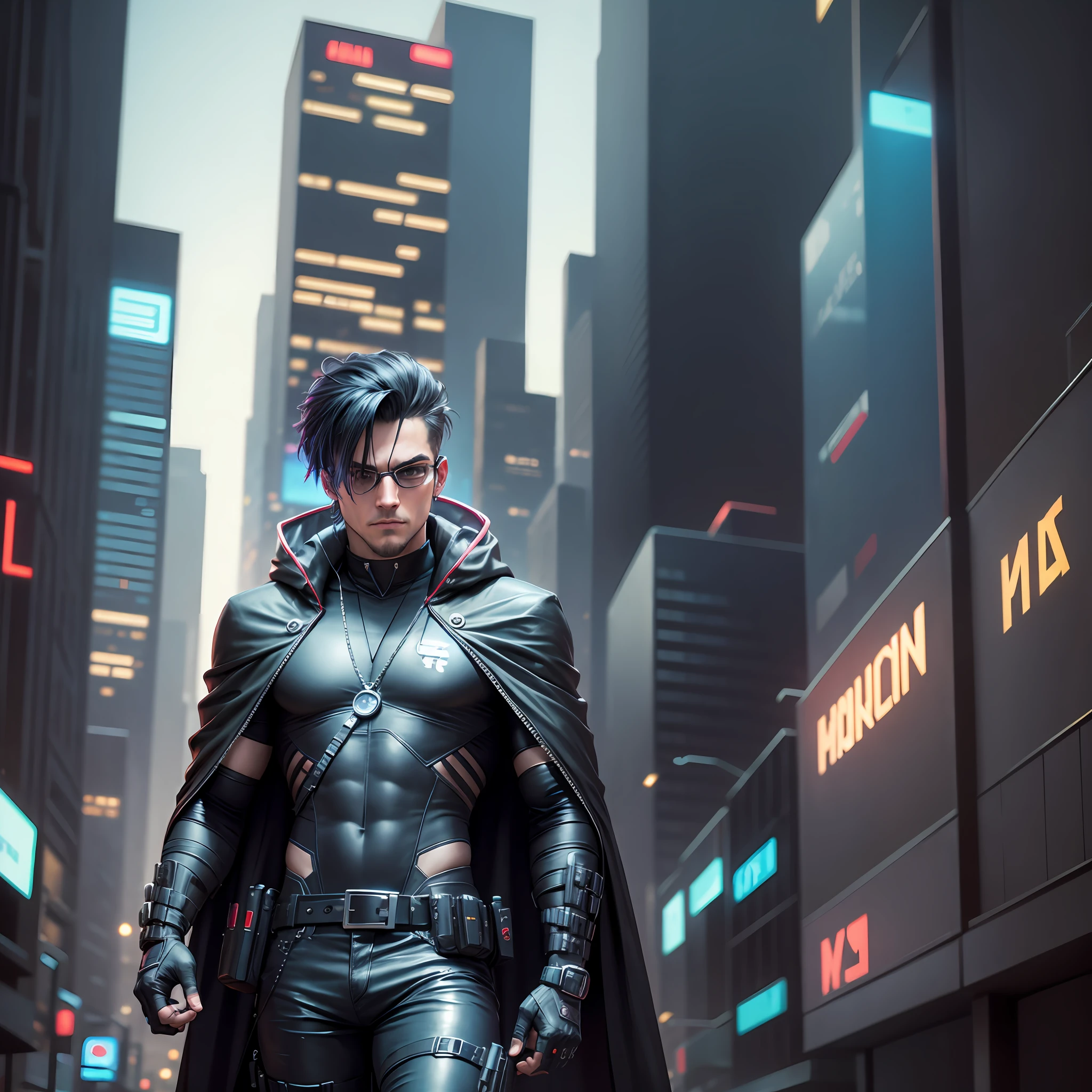 hacker man, cyberpunk style, wearing a black cape, walking in a cyberpunk city, movie quality, 4k --auto --s2