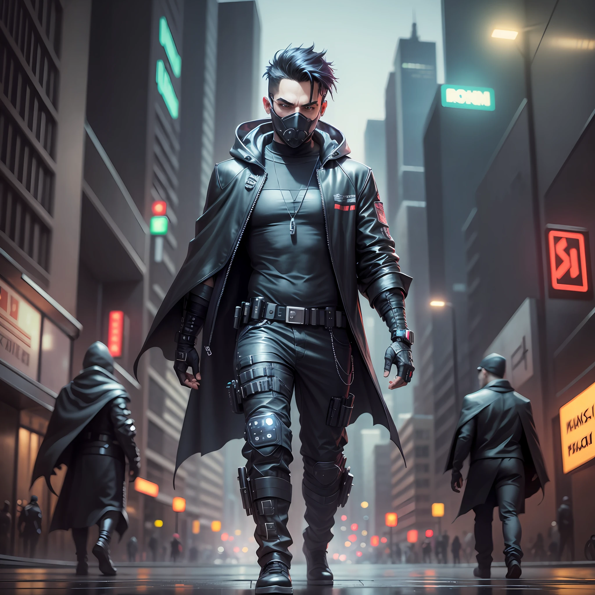 hacker man, cyberpunk style, wearing a black cape, walking in a cyberpunk city, movie quality, 4k --auto --s2