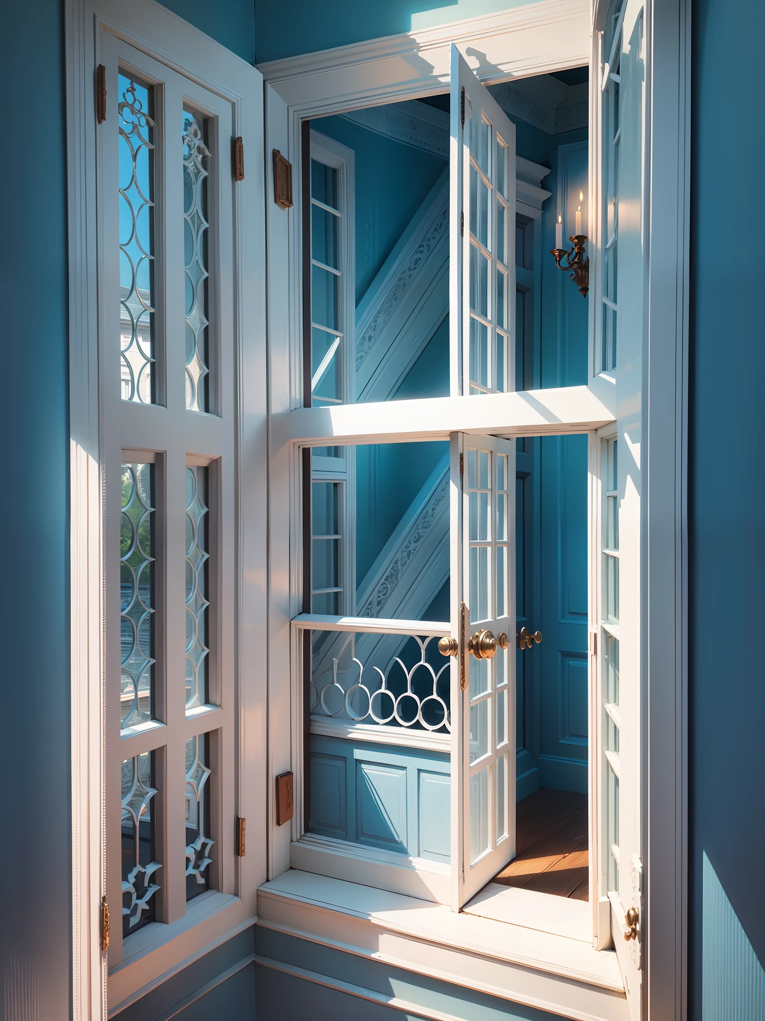 (extremely detailed vector illustration in ultra-high definition, best quality), isometric, colonial style wooden window frame, white frame, finish with dark del rey blue, dark blue, blue splashes, wide shot, high resolution. (Built-in color label: dark blue). [:(Clouds, forest, depth of field, flower at top of window, arch at top of window, wooden frame in dark blue, floral, arch, volumetric light):0.5] --auto --s2