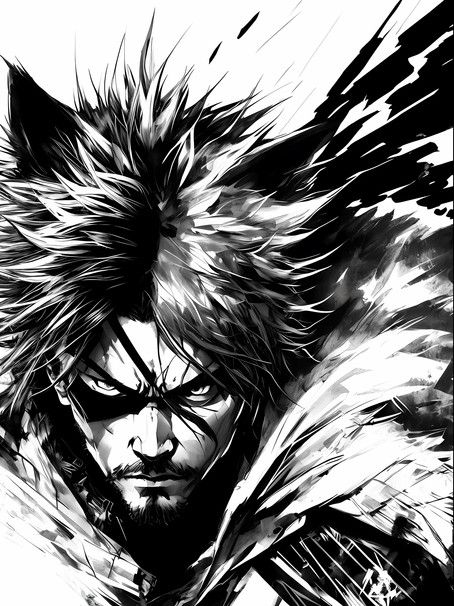 Wolf, style of Yoji Shinkawa, black and white, print, super detailed