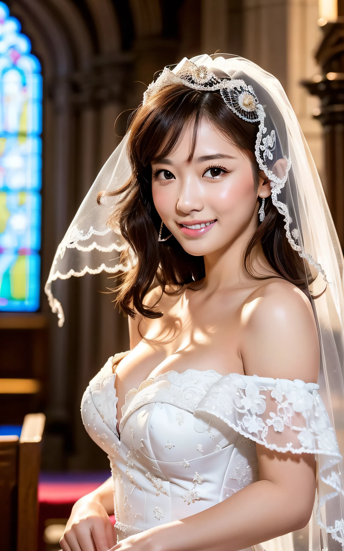 (Masterpiece: 1.4), (Hyper Realistic: 1.4), (Best Quality, 16k, 32k, Masterpiece, UHD: 1.2), Pretty Japan Woman Pictures, ung Girl, Double Eyelids, (Big: 1.2), Sexy Bride, (Pure White Wedding Dress, Wedding Veil)), (Deep Slit: 1.2), (Smile: 1.1), Off Shoulder , ((in the church)), cleavage cutout, (from side)
